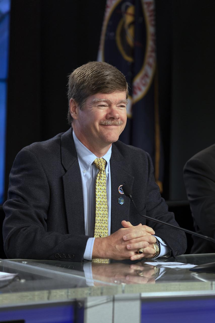 Pete Hasbrook, manager of the International Space Station Program Science Office at NASA’s Johnson Space Center in Houston, speaks during the prelaunch news conference for SpaceX’s 18th Commercial Resupply Services (CRS-18) mission to the station, July 24, 2019, at the agency’s Kennedy Space Center in Florida. The SpaceX Falcon 9 rocket and uncrewed Dragon spacecraft are scheduled to launch July 24, 2019, from Space Launch Complex 40 at Florida’s Cape Canaveral Air Force Station. 