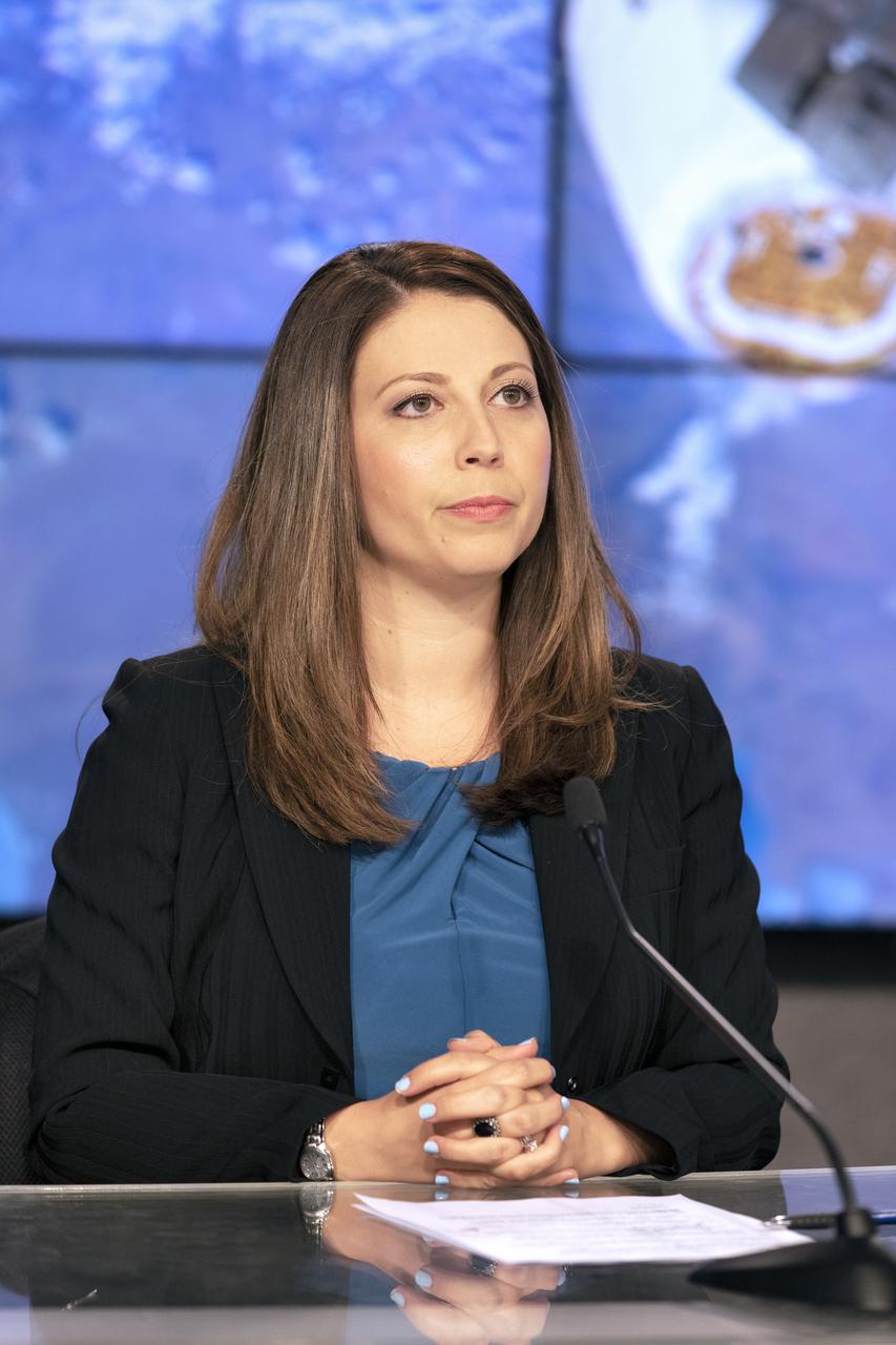 Marie Lewis, NASA Communications moderator, moderates the prelaunch news conference for SpaceX’s 18th Commercial Resupply Services (CRS-18) mission to the International Space Station, July 24, 2019, at the agency’s Kennedy Space Center in Florida. The SpaceX Falcon 9 rocket and uncrewed Dragon spacecraft are scheduled to launch July 24, 2019, from Space Launch Complex 40 at Florida’s Cape Canaveral Air Force Station. 