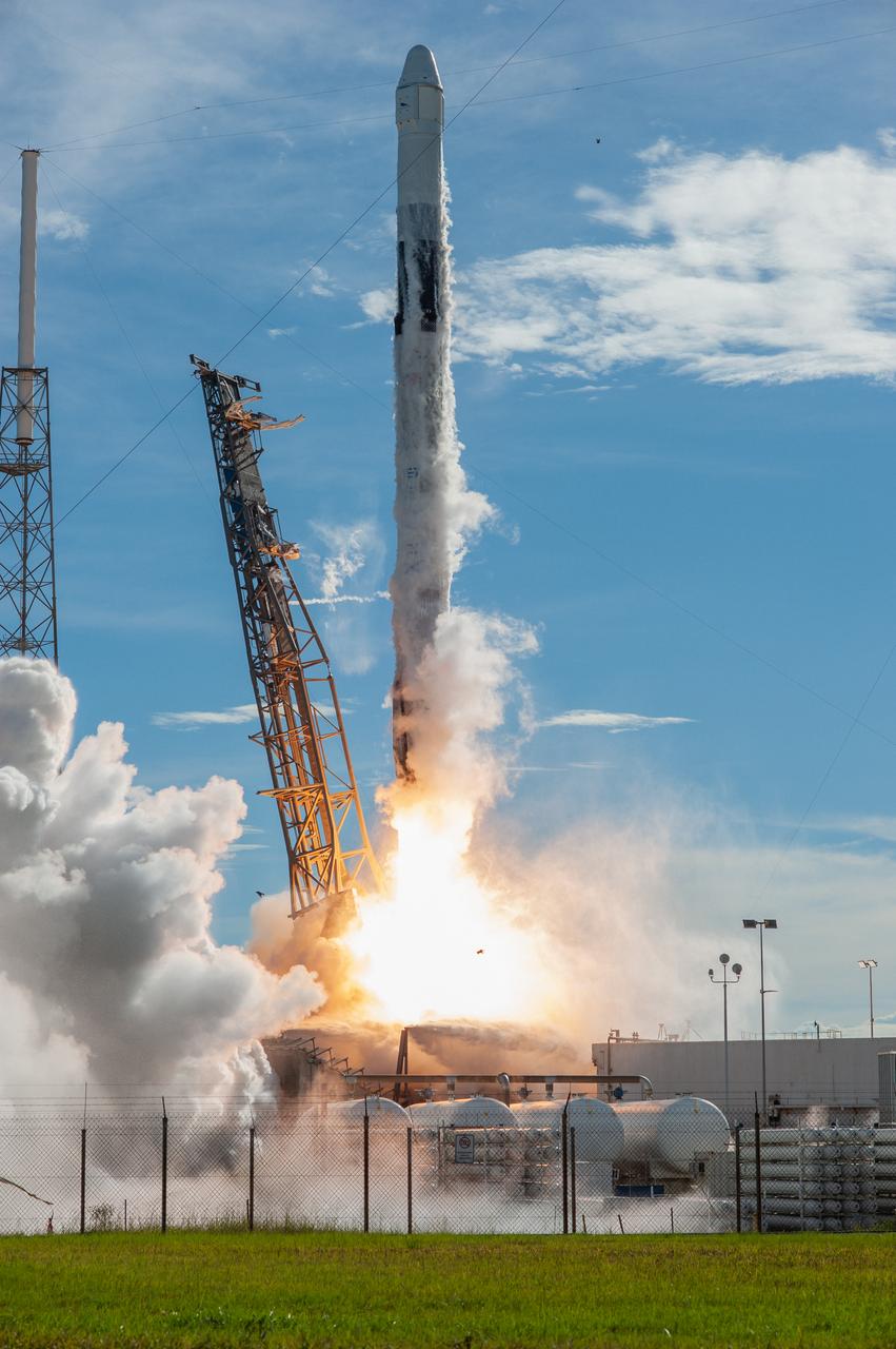 A SpaceX Falcon 9 rocket lifts off from Space Launch Complex 40 at Cape Canaveral Air Force Station in Florida at 6:01 p.m. EDT on July 25, 2019, carrying the Dragon spacecraft on the company's 18th Commercial Resupply Services (CRS-18) mission to the International Space Station.  The uncrewed Dragon spacecraft will deliver about 5,000 pounds of science and research, crew supplies and vehicle hardware to the orbiting laboratory. 