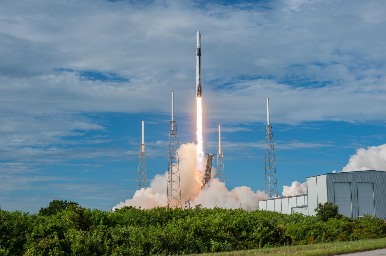 A SpaceX Falcon 9 rocket lifts off from Space Launch Complex 40 at Cape Canaveral Air Force Station in Florida at 6:01 p.m. EDT on July 25, 2019, carrying the Dragon spacecraft on the company's 18th Commercial Resupply Services (CRS-18) mission to the International Space Station.  The uncrewed Dragon spacecraft will deliver about 5,000 pounds of science and research, crew supplies and vehicle hardware to the orbiting laboratory.