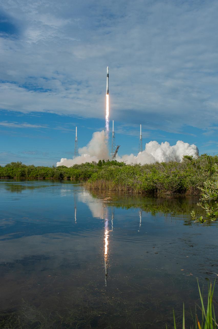 A SpaceX Falcon 9 rocket lifts off from Space Launch Complex 40 at Cape Canaveral Air Force Station in Florida at 6:01 p.m. EDT on July 25, 2019, carrying the Dragon spacecraft on the company's 18th Commercial Resupply Services (CRS-18) mission to the International Space Station.  The uncrewed Dragon spacecraft will deliver about 5,000 pounds of science and research, crew supplies and vehicle hardware to the orbiting laboratory.