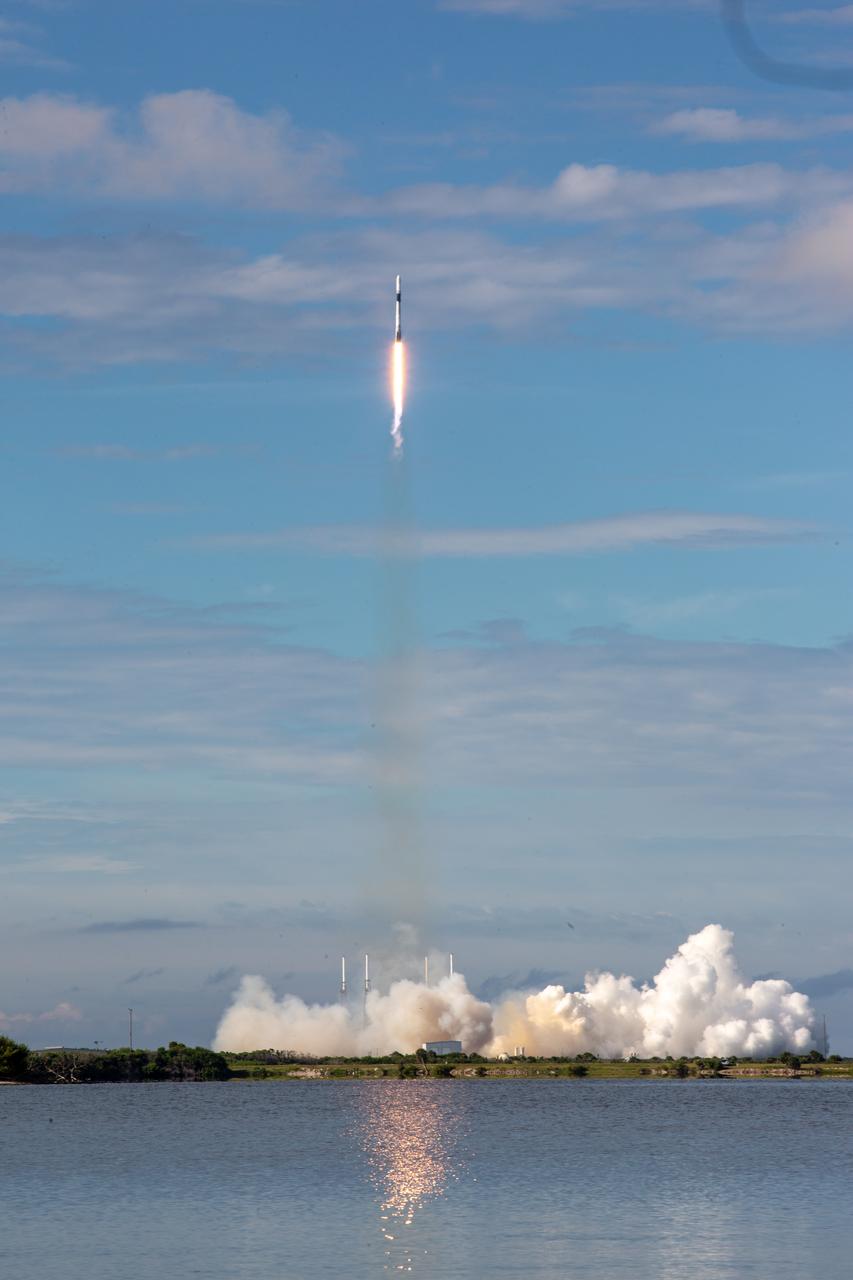 A SpaceX Falcon 9 rocket lifts off from Space Launch Complex 40 at Cape Canaveral Air Force Station in Florida at 6:01 p.m. EDT on July 25, 2019, carrying the Dragon spacecraft on the company's 18th Commercial Resupply Services (CRS-18) mission to the International Space Station.  The uncrewed Dragon spacecraft will deliver about 5,000 pounds of science and research, crew supplies and vehicle hardware to the orbiting laboratory. 