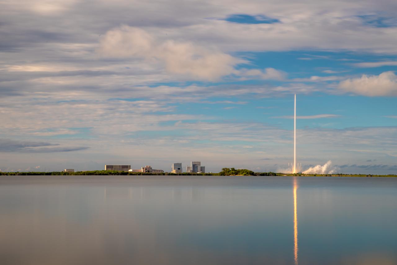 A SpaceX Falcon 9 rocket soars upward after its liftoff from Space Launch Complex 40 at Cape Canaveral Air Force Station in Florida at 6:01 p.m. EDT on July 25, 2019, carrying the Dragon spacecraft on the company's 18th Commercial Resupply Services (CRS-18) mission to the International Space Station.  The uncrewed Dragon spacecraft will deliver about 5,000 pounds of science and research, crew supplies and vehicle hardware to the orbiting laboratory.