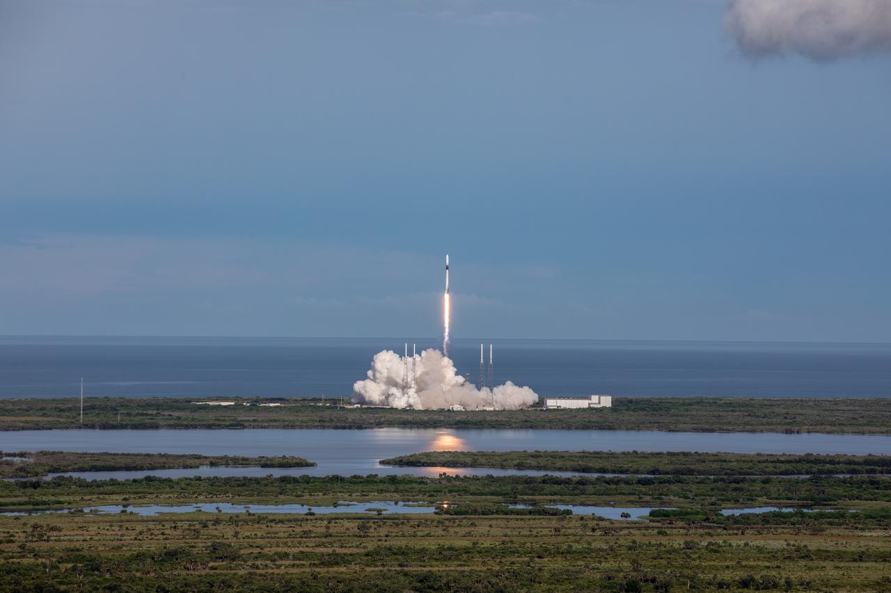 A SpaceX Falcon 9 rocket lifts off from Space Launch Complex 40 at Cape Canaveral Air Force Station in Florida at 6:01 p.m. EDT on July 25, 2019, carrying the Dragon spacecraft on the company’s 18th Commercial Resupply Services (CRS-18) mission to the International Space Station.  The uncrewed Dragon spacecraft will deliver about 5,000 pounds of science and research, crew supplies and vehicle hardware to the orbiting laboratory. 