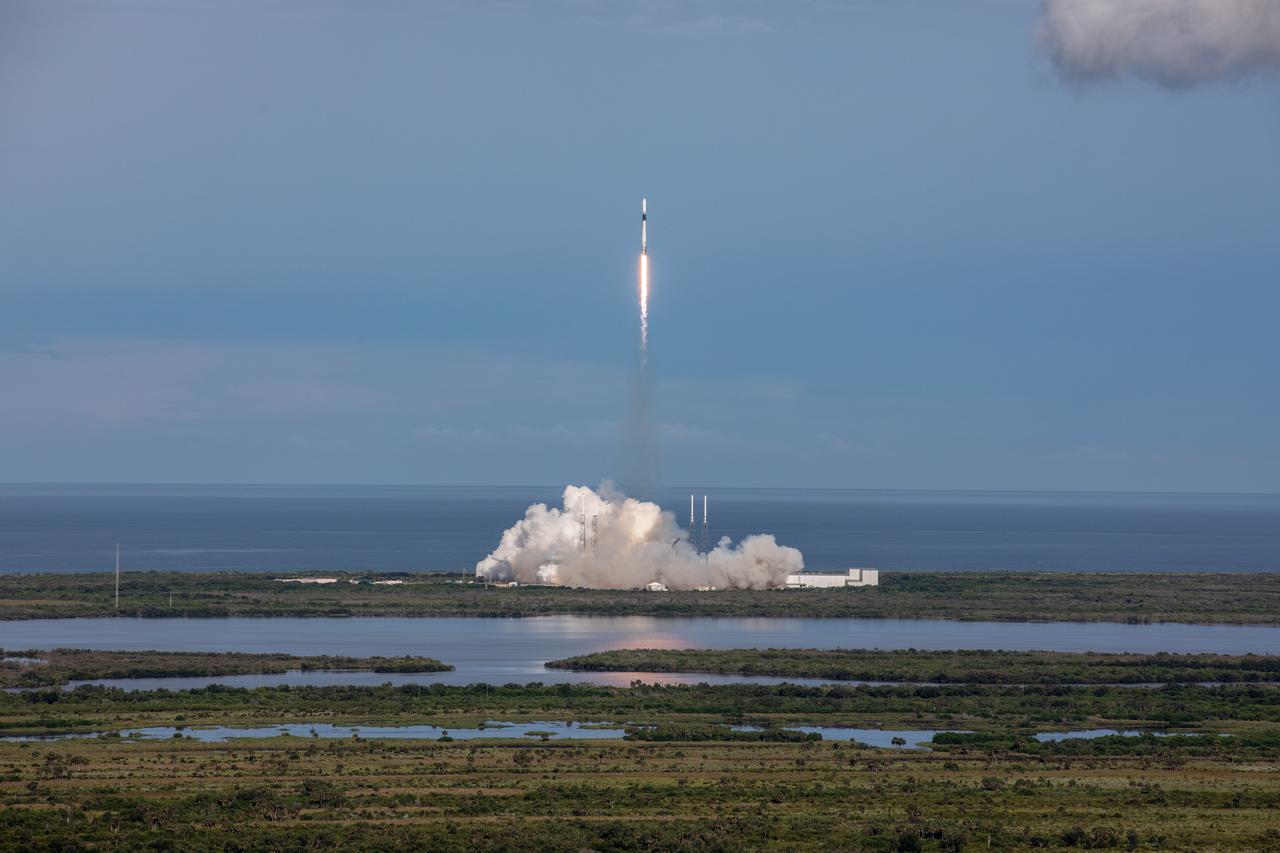 A SpaceX Falcon 9 rocket lifts off from Space Launch Complex 40 at Cape Canaveral Air Force Station in Florida at 6:01 p.m. EDT on July 25, 2019, carrying the Dragon spacecraft on the company’s 18th Commercial Resupply Services (CRS-18) mission to the International Space Station.  The uncrewed Dragon spacecraft will deliver about 5,000 pounds of science and research, crew supplies and vehicle hardware to the orbiting laboratory. 