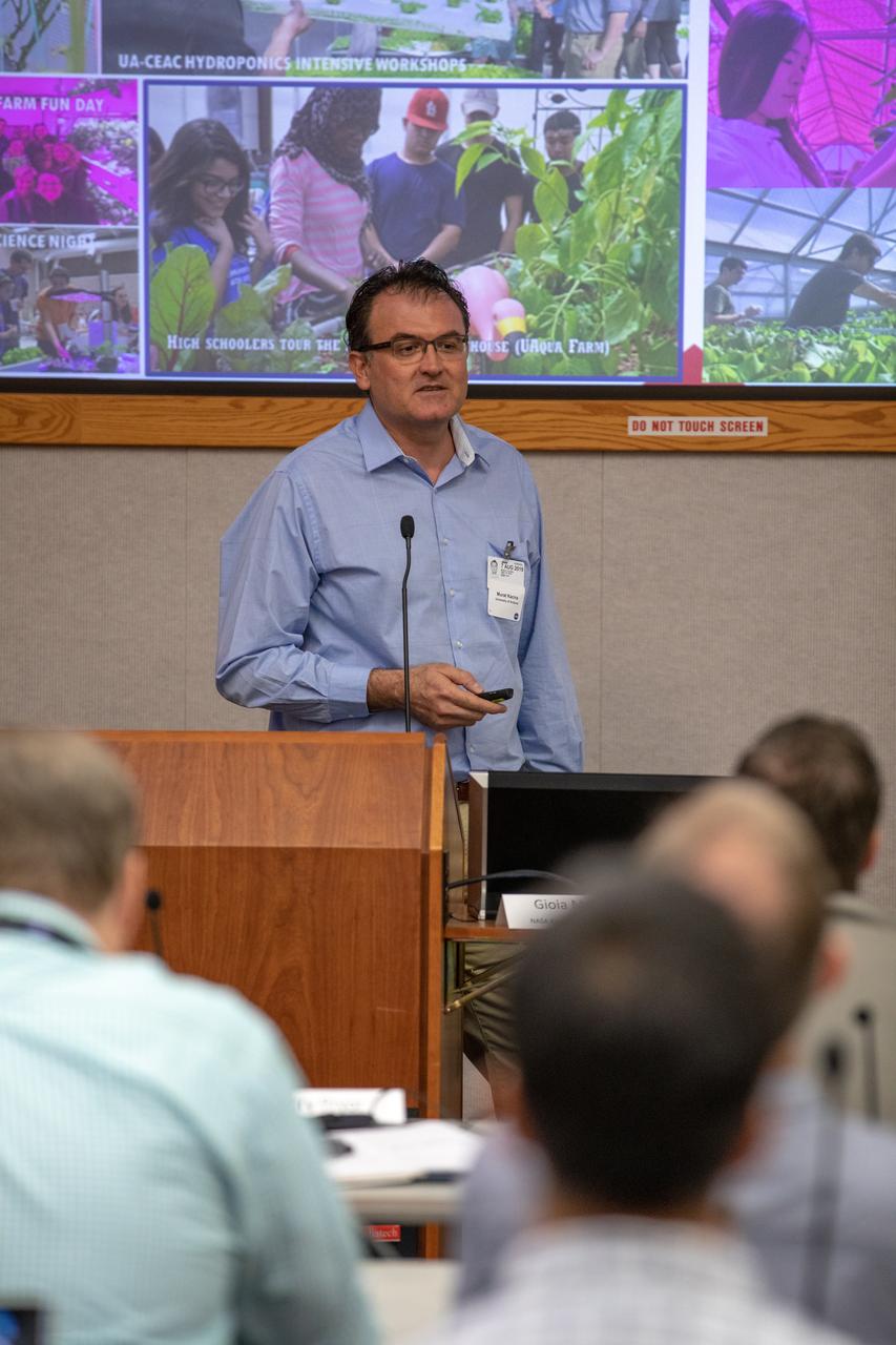 The Exploration Research and Technology Programs at NASA’s Kennedy Space Center in Florida hosted a two-day workshop, Aug. 6 and 7, 2019, focusing on robotics and automation in space crop production. Participants from around the world and members of NASA, industry, academia and other government agencies met to share their knowledge to enable a common goal of sustaining human operations on the Moon, in deep space and eventually on Mars. Keynote speakers and representatives from different organizations presented data gleaned from their research.. Murat Kacira, a professor in the Department of Agricultural and Biosystems Engineering and director of the Controlled Environment Agriculture Program at the University of Arizona presents to workshop attendees on Aug. 6.