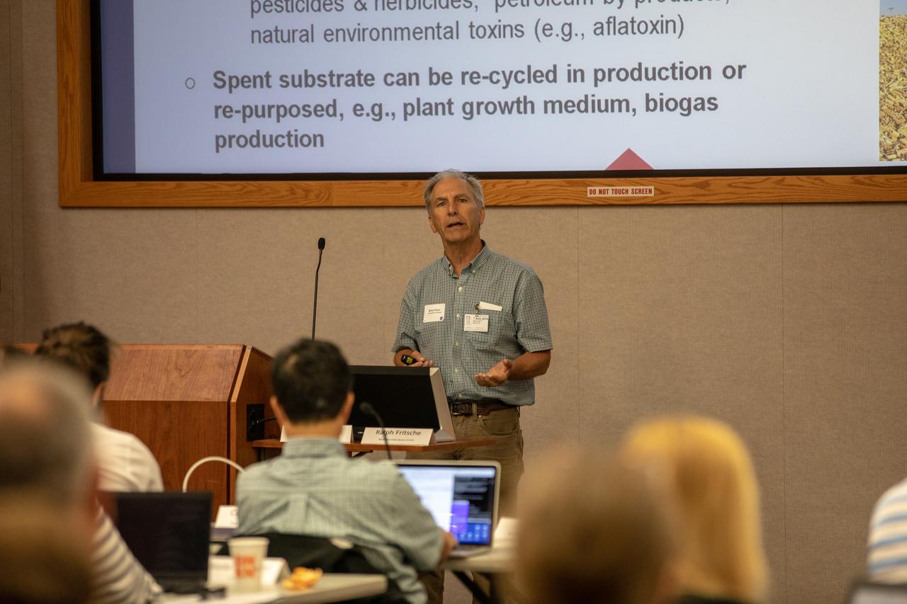 The Exploration Research and Technology Programs at NASA’s Kennedy Space Center in Florida hosted a two-day workshop, Aug. 6 and 7, 2019, focusing on robotics and automation in space crop production. Participants from around the world and members of NASA, industry, academia and other government agencies met to share their knowledge to enable a common goal of sustaining human operations on the Moon, in deep space and eventually on Mars. Keynote speakers and representatives from different organizations presented data gleaned from their research. Barry Pryor, a professor with the School of Plant Sciences at the University of Arizona presents to workshop attendees on Aug. 6.