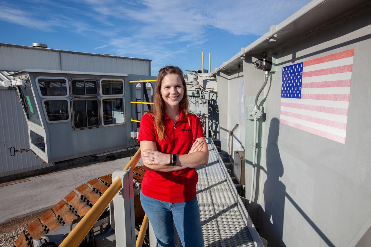 Breanne Stichler, mechanical engineer I, stands atop NASA’s Crawler-Transporter 2 (CT-2) at the Kennedy Space Center in Florida on Aug. 8, 2019. Stichler started working at Kennedy in June and is among one of the few females to have ever driven the crawler. CT-2 will carry the agency’s mobile launcher with the Space Launch System rocket from the Vehicle Assembly Building to Launch Pad 39B for the launch of Artemis 1, the first in a series of complex missions that will provide the foundation for human deep space exploration. 