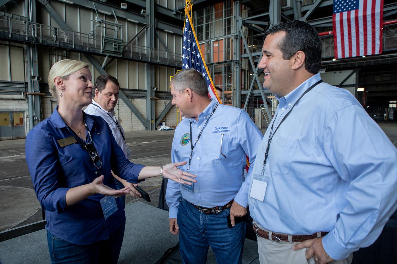 Elected officials and guests visit after a ribbon cutting ceremony on Aug. 16, 2019, in High Bay 2 of the Vehicle Assembly Building (VAB) at NASA’s Kennedy Space Center in Florida. The VAB is getting its first commercial tenant. Northrop Grumman signed a Reimbursable Space Act Agreement with NASA for use of the facilities. The company will assemble and test its new OmegA rocket inside the massive facility’s High Bay 2. The company also will modify mobile launcher platform-3 to serve as the launch vehicle’s assembly and launch platform. Northrop Grumman is developing the OmegA rocket, an intermediate/heavy-class launch vehicle, as part of a launch services agreement with the U.S. Air Force.
