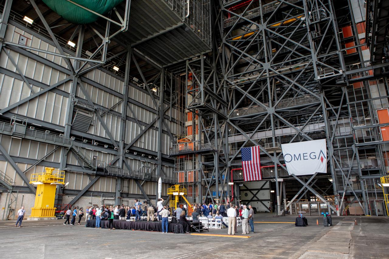 Legislators, invited guests and members of the media attend a ribbon cutting ceremony on Aug. 16, 2019, in High Bay 2 of the Vehicle Assembly Building (VAB) at NASA’s Kennedy Space Center in Florida. The VAB is getting its first commercial tenant. Northrop Grumman signed a Reimbursable Space Act Agreement with NASA for use of the facilities. The company will assemble and test its new OmegA rocket inside the massive facility’s High Bay 2. The company also will modify MLP-3 to serve as the launch vehicle’s assembly and launch platform. Northrop Grumman is developing the OmegA rocket, an intermediate/heavy-class launch vehicle, as part of a launch services agreement with the U.S. Air Force.