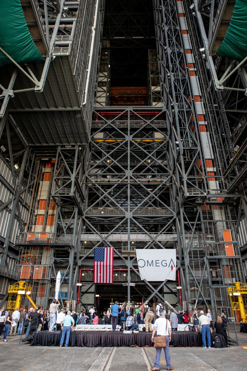 Legislators, invited guests and members of the media attend a ribbon cutting ceremony on Aug. 16, 2019, in High Bay 2 of the Vehicle Assembly Building (VAB) at NASA’s Kennedy Space Center in Florida. The VAB is getting its first commercial tenant. Northrop Grumman signed a Reimbursable Space Act Agreement with NASA for use of the facilities. The company will assemble and test its new OmegA rocket inside the massive facility’s High Bay 2. The company also will modify MLP-3 to serve as the launch vehicle’s assembly and launch platform. Northrop Grumman is developing the OmegA rocket, an intermediate/heavy-class launch vehicle, as part of a launch services agreement with the U.S. Air Force.