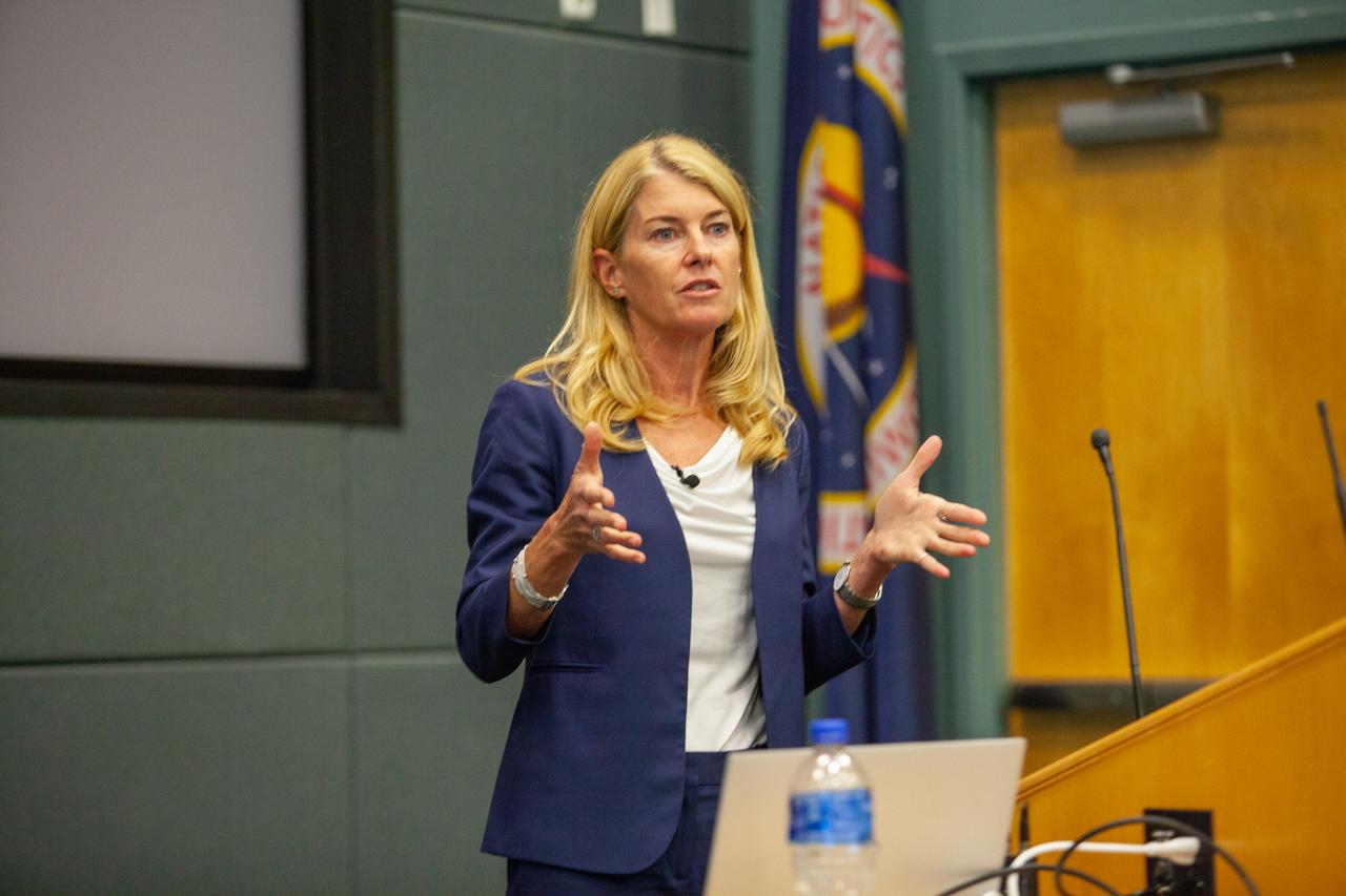 Robin Hauser, a director and producer of award-winning documentaries, delivers a presentation during the “KSC and Proud to Be” centerwide diversity event held at Kennedy Space Center’s Operations Support Building II (OSB II) on Aug. 20, 2019. Hauser, who has spoken at the White House and at conferences worldwide, addressed bias in artificial intelligence. The event wrapped up with the debut showing of a new employee video focusing on the importance of employee resource groups at the center, followed by closing remarks from Kennedy Director Bob Cabana.