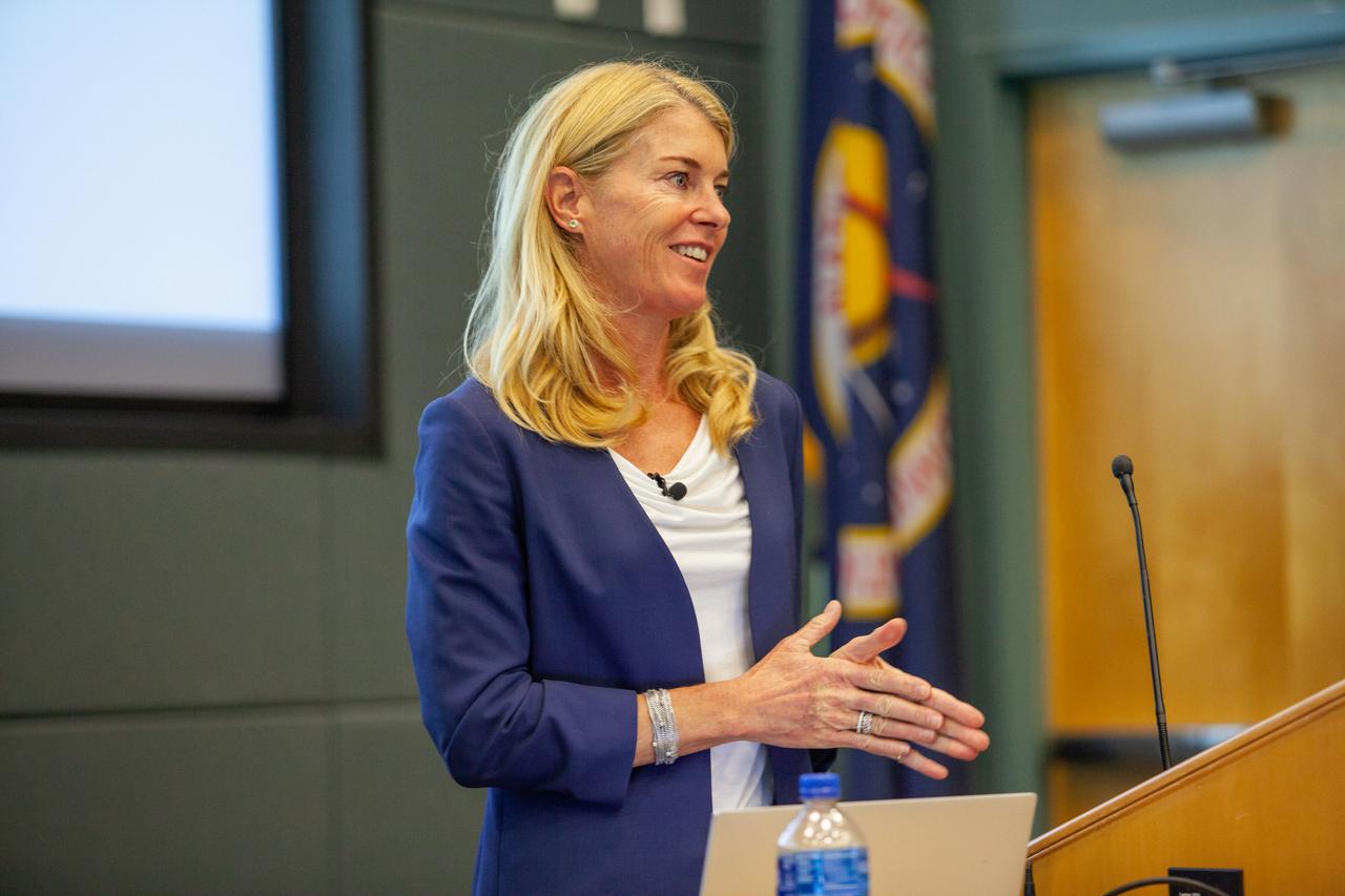 Robin Hauser, a director and producer of award-winning documentaries, delivers a presentation during the “KSC and Proud to Be” centerwide diversity event held at Kennedy Space Center’s Operations Support Building II (OSB II) on Aug. 20, 2019. Hauser, who has spoken at the White House and at conferences worldwide, addressed bias in artificial intelligence. The event wrapped up with the debut showing of a new employee video focusing on the importance of employee resource groups at the center, followed by closing remarks from Kennedy Director Bob Cabana.