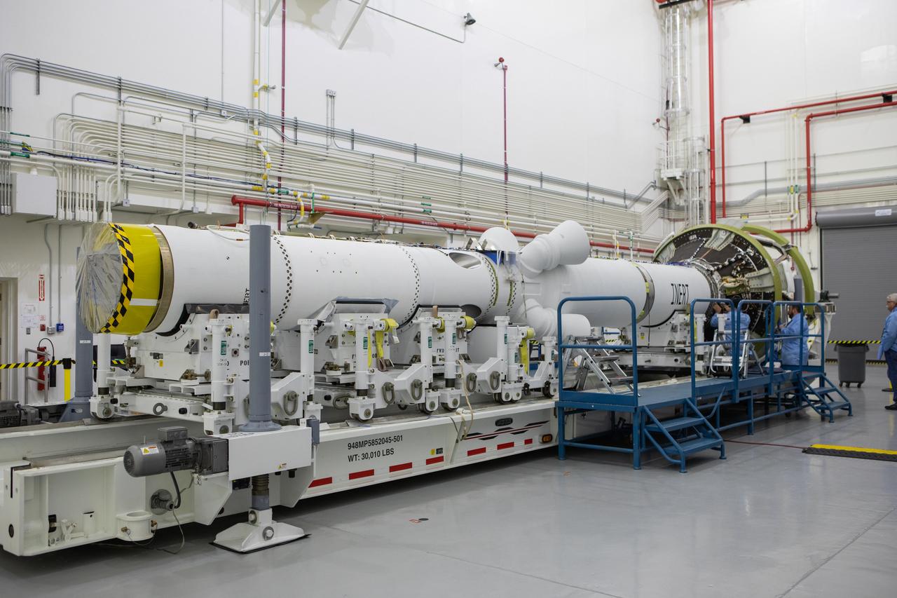 Inside the Launch Abort System Facility at NASA’s Kennedy Space Center in Florida, work is underway Aug. 21, 2019, to integrate segments of the launch abort system for the agency’s uncrewed flight test, Artemis I. During crewed launches of the Orion spacecraft atop the Space Launch System rocket, the LAS will protect the crew module and astronauts aboard to safety if an emergency occurs during launch.