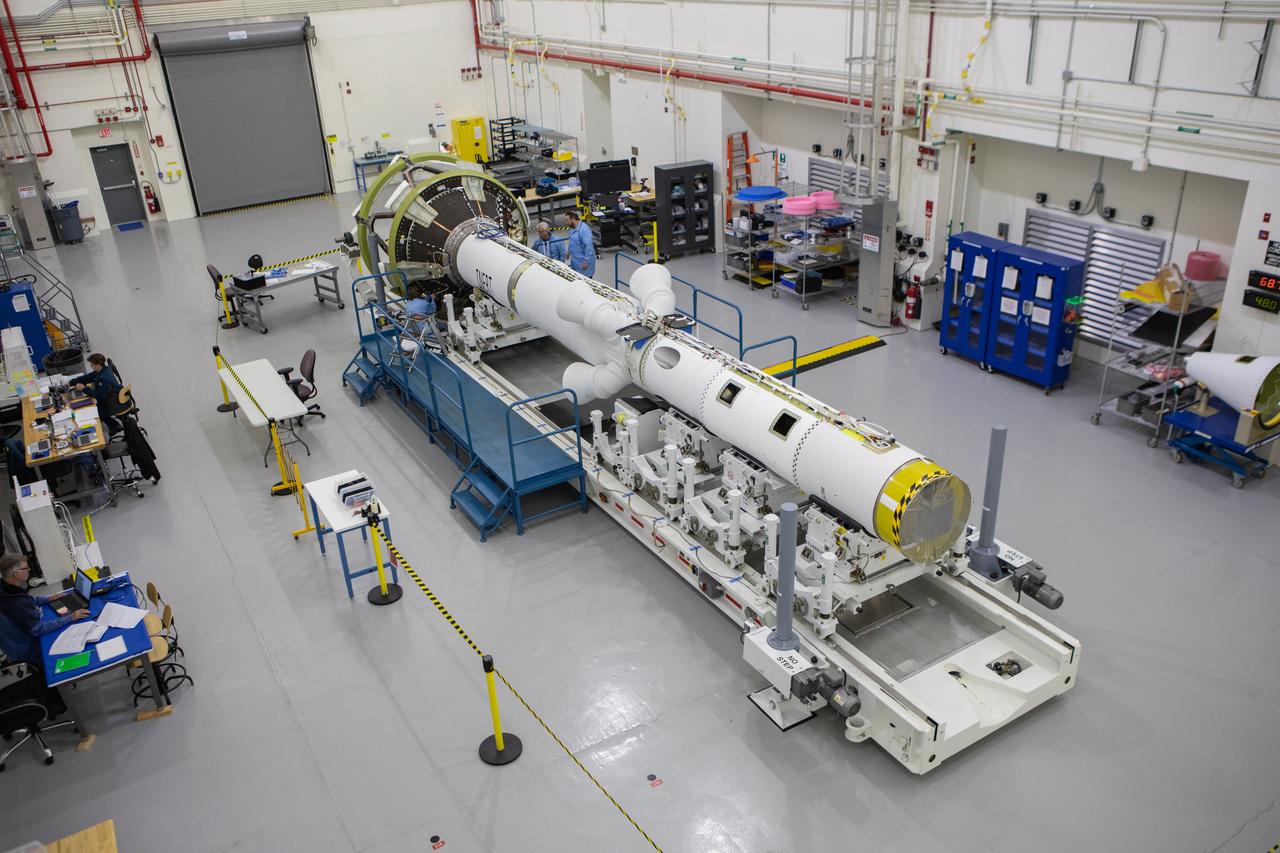 In this view from above inside the Launch Abort System Facility at NASA’s Kennedy Space Center in Florida, work is underway Aug. 21, 2019, to integrate segments of the launch abort system for the agency’s uncrewed flight test, Artemis I. During crewed launches of the Orion spacecraft atop the Space Launch System rocket, the LAS will protect the crew module and astronauts aboard to safety if an emergency occurs during launch.