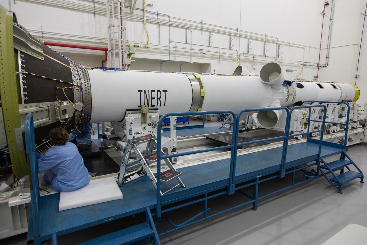 Inside the Launch Abort System Facility at NASA’s Kennedy Space Center in Florida, work is underway Aug. 21, 2019, to integrate segments of the launch abort system for the agency’s uncrewed flight test, Artemis I. During crewed launches of the Orion spacecraft atop the Space Launch System rocket, the LAS will protect the crew module and astronauts aboard to safety if an emergency occurs during launch.
