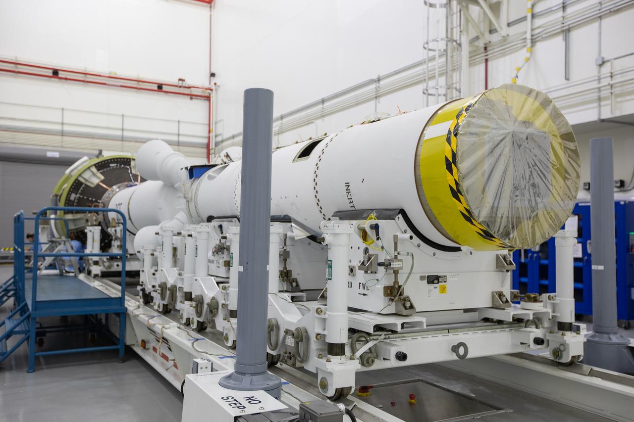 Inside the Launch Abort System Facility at NASA’s Kennedy Space Center in Florida, work is underway Aug. 21, 2019, to integrate segments of the launch abort system for the agency’s uncrewed flight test, Artemis I. During crewed launches of the Orion spacecraft atop the Space Launch System rocket, the LAS will protect the crew module and astronauts aboard to safety if an emergency occurs during launch.