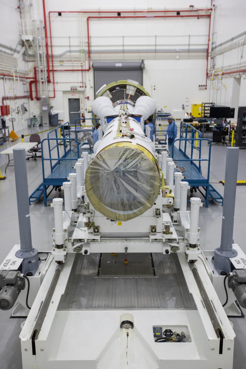 Inside the Launch Abort System Facility at NASA’s Kennedy Space Center in Florida, work is underway Aug. 21, 2019, to integrate segments of the launch abort system for the agency’s uncrewed flight test, Artemis I. During crewed launches of the Orion spacecraft atop the Space Launch System rocket, the LAS will protect the crew module and astronauts aboard to safety if an emergency occurs during launch.