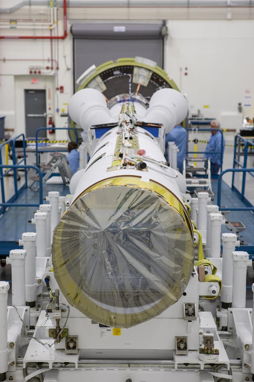 Inside the Launch Abort System Facility at NASA’s Kennedy Space Center in Florida, work is underway Aug. 21, 2019, to integrate segments of the launch abort system for the agency’s uncrewed flight test, Artemis I. During crewed launches of the Orion spacecraft atop the Space Launch System rocket, the LAS will protect the crew module and astronauts aboard to safety if an emergency occurs during launch.