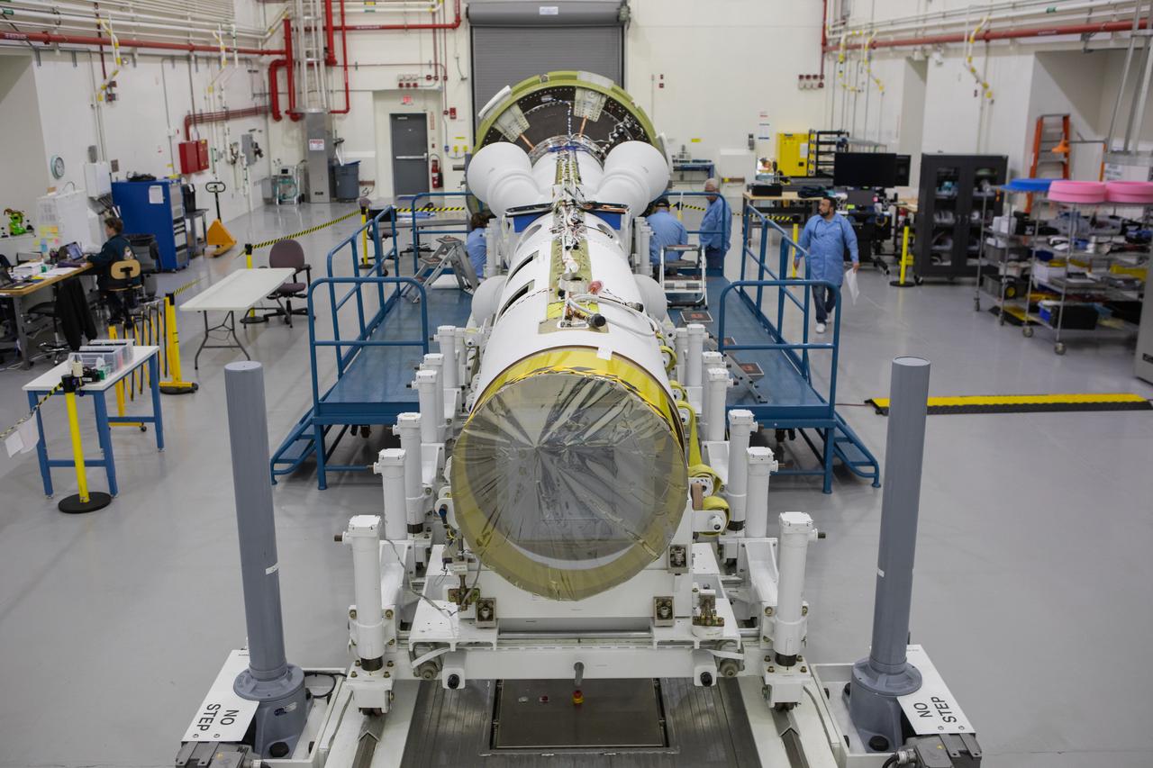 Inside the Launch Abort System Facility at NASA’s Kennedy Space Center in Florida, work is underway Aug. 21, 2019, to integrate segments of the launch abort system for the agency’s uncrewed flight test, Artemis I. During crewed launches of the Orion spacecraft atop the Space Launch System rocket, the LAS will protect the crew module and astronauts aboard to safety if an emergency occurs during launch.