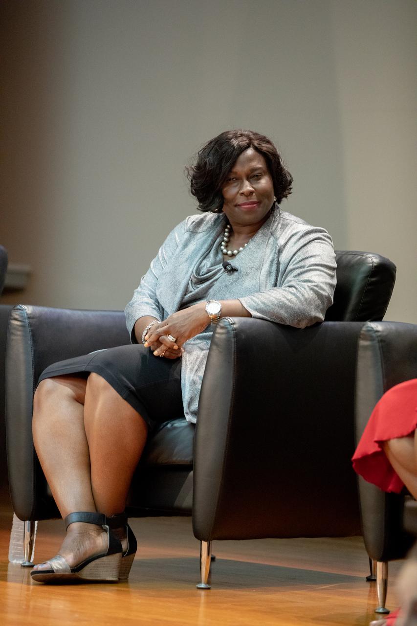 Kim Carter, Exploration Ground Systems associate manager, technical, participates in a panel discussion at NASA’s Kennedy Space Center in Florida on Aug. 28, 2019. Hosted by national radio host Tom Joyner, the discussion focused on the agency’s Moon to Mars plans and was open for all Kennedy employees to attend. Additional participants included former NASA administrator and astronaut Charlie Bolden, former astronaut Winston Scott and Kennedy Chief Technologist Barbara Brown.