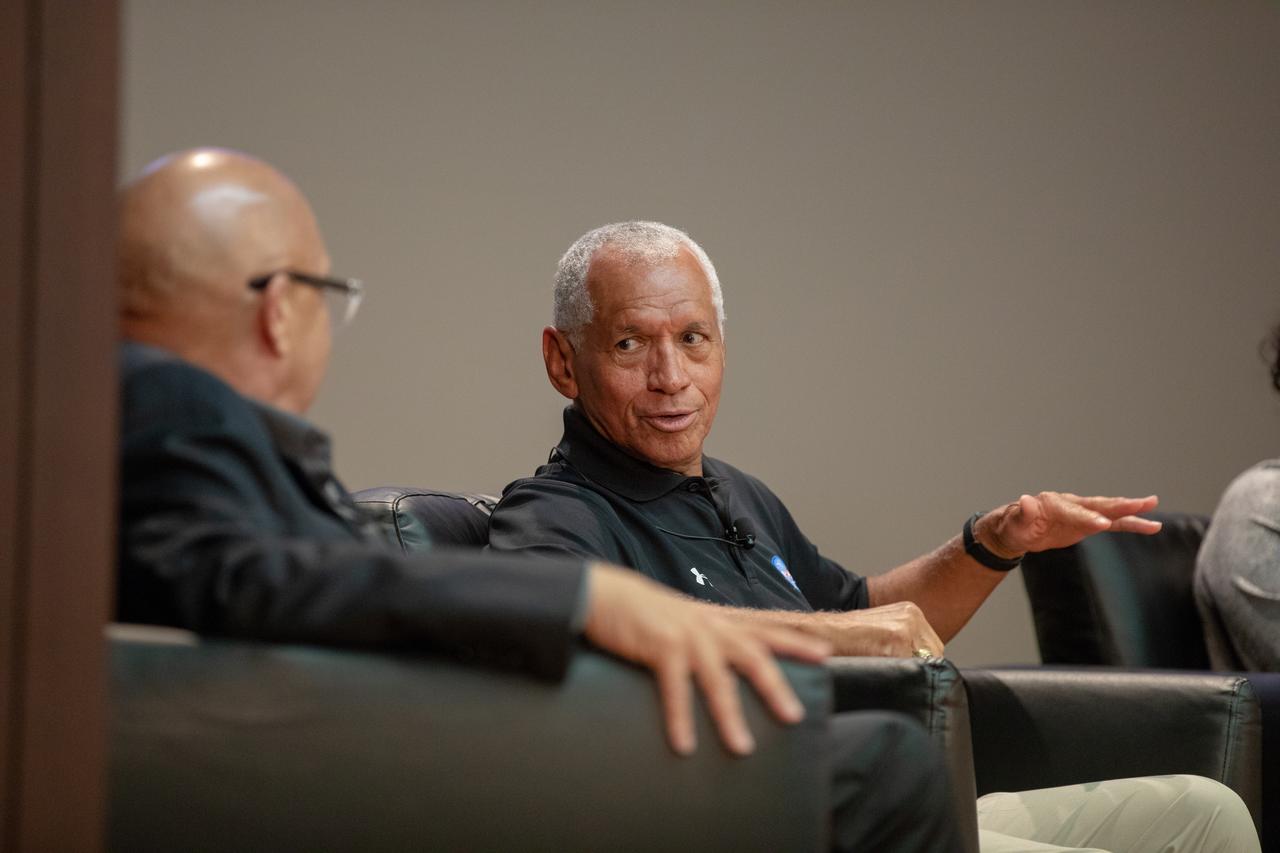 Former NASA administrator and astronaut Charlie Bolden, left, talks to national radio host and panel host Tom Joyner during a panel discussion at NASA’s Kennedy Space Center in Florida on Aug. 28, 2019. The discussion focused on the agency’s Moon to Mars plans and was open for all Kennedy employees to attend. Additional participants included former astronaut Winston Scott, Kennedy Chief Technologist Barbara Brown and Exploration Ground Systems Associate Manager, Technical, Kim Carter.