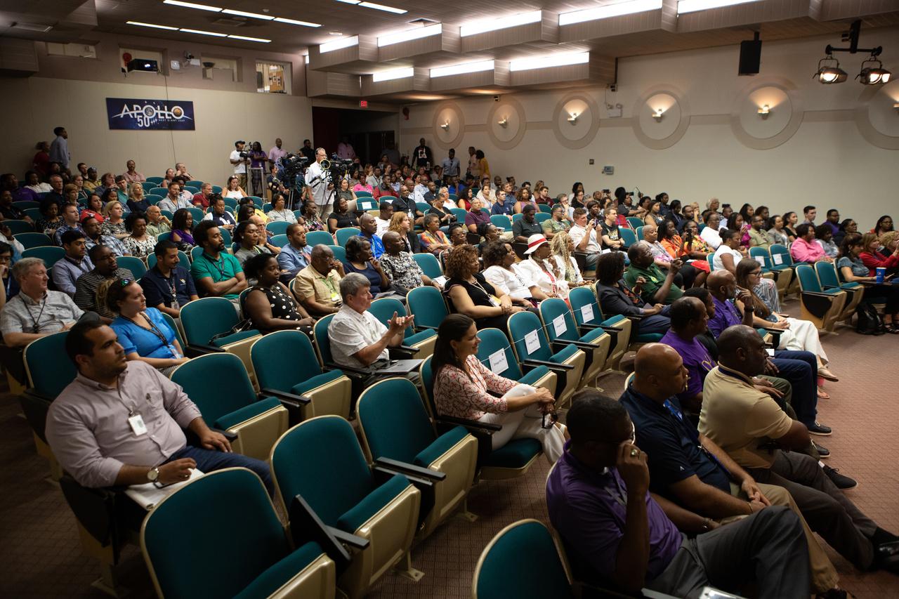 Kennedy Space Center employees attend a panel discussion, hosted by national radio host Tom Joyner, about NASA’s Moon to Mars plans on Aug. 28, 2019. Taking place at the Florida spaceport, panel participants included former NASA administrator and astronaut Charlie Bolden, former astronaut Winston Scott, Kennedy Chief Technologist Barbara Brown and Exploration Ground Systems Associate Manager, Technical, Kim Carter.