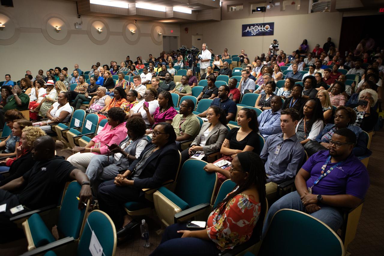 Kennedy Space Center employees attend a panel discussion, hosted by national radio host Tom Joyner, about NASA’s Moon to Mars plans on Aug. 28, 2019. Taking place at the Florida spaceport, panel participants included former NASA administrator and astronaut Charlie Bolden, former astronaut Winston Scott, Kennedy Chief Technologist Barbara Brown and Exploration Ground Systems Associate Manager, Technical, Kim Carter.