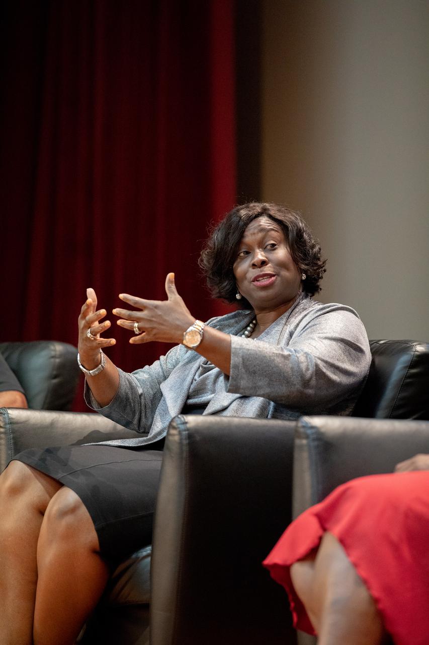 Kim Carter, Exploration Ground Systems associate manager, technical, participates in a panel discussion at NASA’s Kennedy Space Center in Florida on Aug. 28, 2019. Hosted by national radio host Tom Joyner, the discussion focused on the agency’s Moon to Mars plans and was open for all Kennedy employees to attend. Additional participants included former NASA administrator and astronaut Charlie Bolden, former astronaut Winston Scott and Kennedy Chief Technologist Barbara Brown.