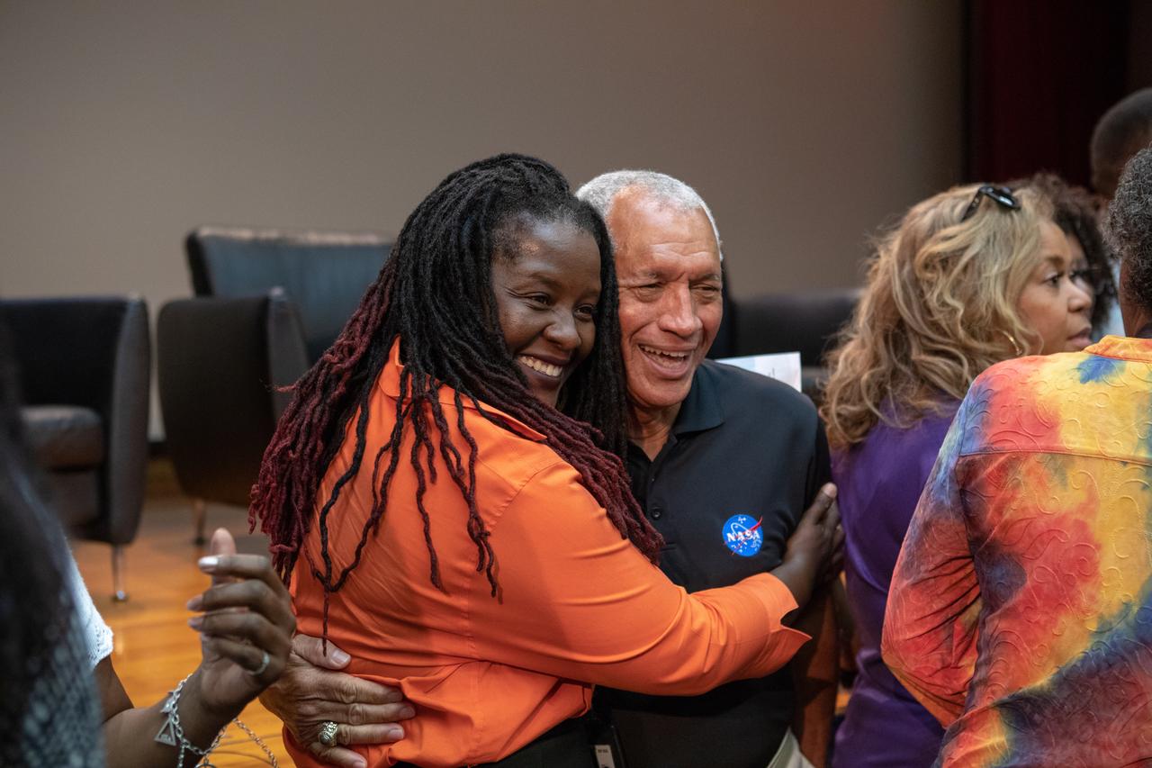 A Kennedy Space Center employee hugs former NASA administrator Charlie Bolden following a panel discussion on Aug. 28, 2019. Hosted at the Florida spaceport by national radio host Tom Joyner, the discussion focused on the agency’s Moon to Mars plans and was open for all Kennedy employees to attend. Additional panel participants included former astronaut Winston Scott, Kennedy Chief Technologist Barbara Brown and Exploration Ground Systems Associate Manager, Technical, Kim Carter. 