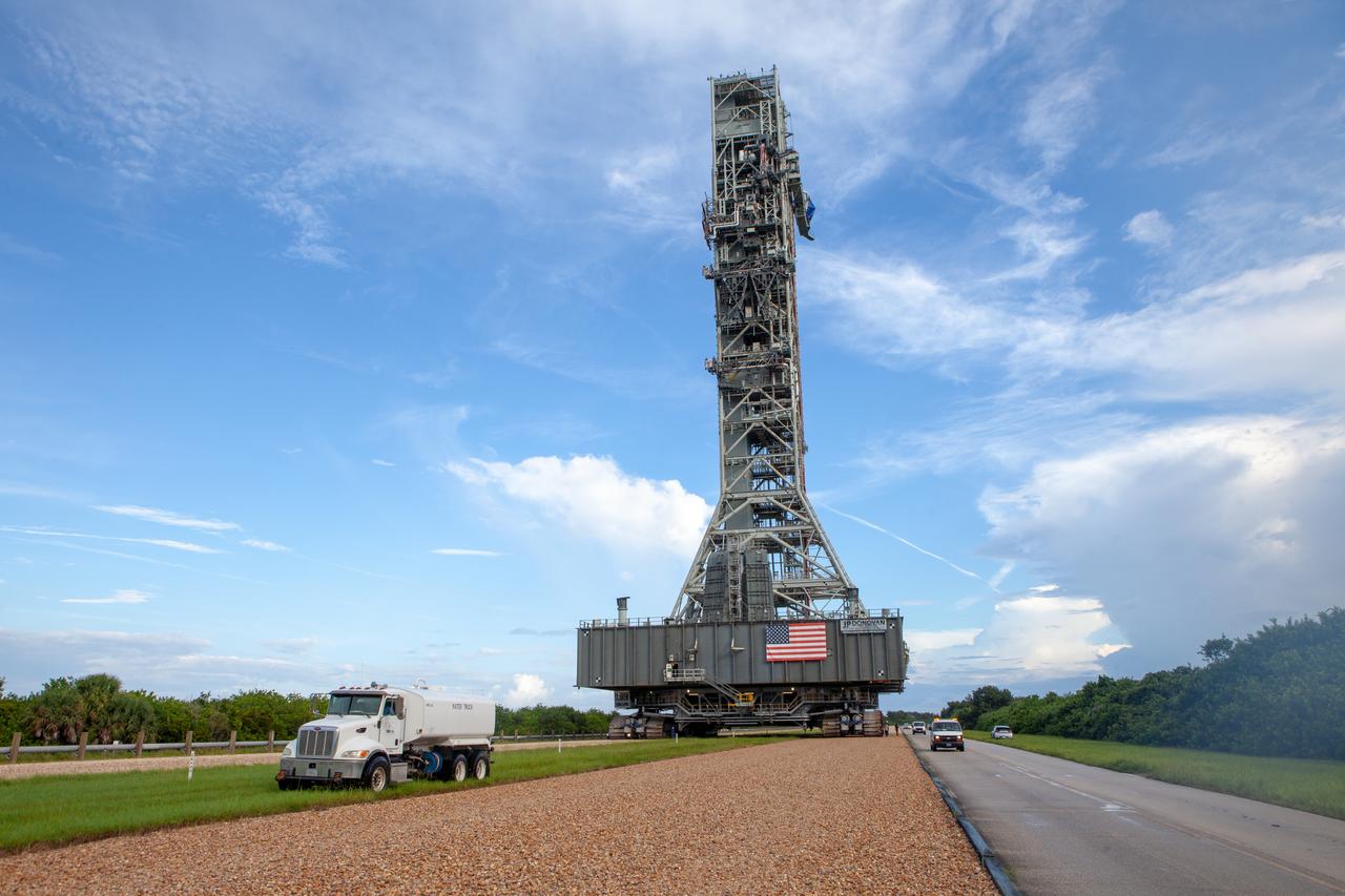 Exploration Ground Systems teams at NASA’s Kennedy Space Center in Florida take precautions to protect Artemis ground support equipment in advance of Hurricane Dorian. On Aug. 30, 2019, crawler-transporter 2 moved the mobile launcher (ML) from its current position at Launch Pad 39B to inside the Vehicle Assembly Building. In its final phases of development, the ML stands nearly 400 feet tall and is needed to assemble, process and launch NASA’s powerful Space Launch System rocket and Orion spacecraft on missions to the Moon and Mars.