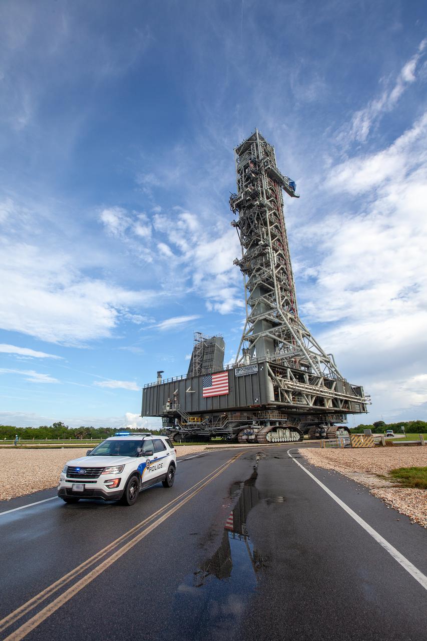 Exploration Ground Systems teams at NASA’s Kennedy Space Center in Florida take precautions to protect Artemis ground support equipment in advance of Hurricane Dorian. On Aug. 30, 2019, crawler-transporter 2 moved the mobile launcher (ML) from its current position at Launch Pad 39B to inside the Vehicle Assembly Building. In its final phases of development, the ML stands nearly 400 feet tall and is needed to assemble, process and launch NASA’s powerful Space Launch System rocket and Orion spacecraft on missions to the Moon and Mars.
