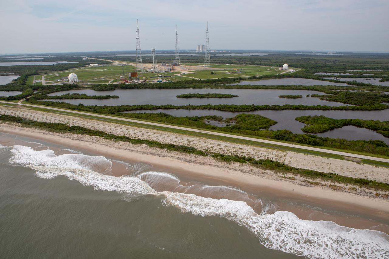 An aerial survey of NASA's Kennedy Space Center in Florida was conducted after Hurricane Dorian skirted the Space Coast area. The survey was performed to identify structures and facilities that may have sustained damage from Hurricane Dorian as the storm passed to the east of Kennedy on September 3 and 4, 2019. Officials determined that the center received some isolated damage and limited water intrusion. Beach erosion also occurred, although the storm surge was less than expected. NASA closed the center ahead of the storm’s onset and only a small team of specialists known as the Rideout Team was on the center as the storm approached and passed.
