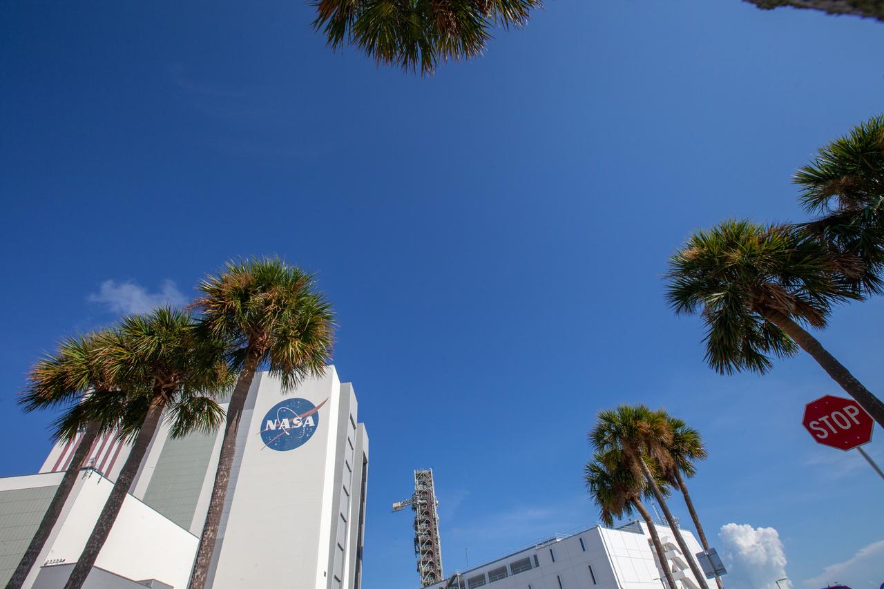The mobile launcher for NASA’s Artemis missions rolls out of the Vehicle Assembly Building (VAB) at Kennedy Space Center in Florida on Sept. 10, 2019, after spending a week and a half inside due to the approach of Hurricane Dorian. The nearly 400-foot-tall structure was moved from Launch Pad 39B to the VAB for safekeeping on Aug. 30. The storm passed about 70 miles east of the spaceport during the overnight hours Tuesday, Sept. 3, and Wednesday, Sept. 4. NASA’s Exploration Ground Systems is moving the mobile launcher back to the launch pad, where teams will complete testing and checkout on the launcher in the coming weeks for the Artemis I mission.