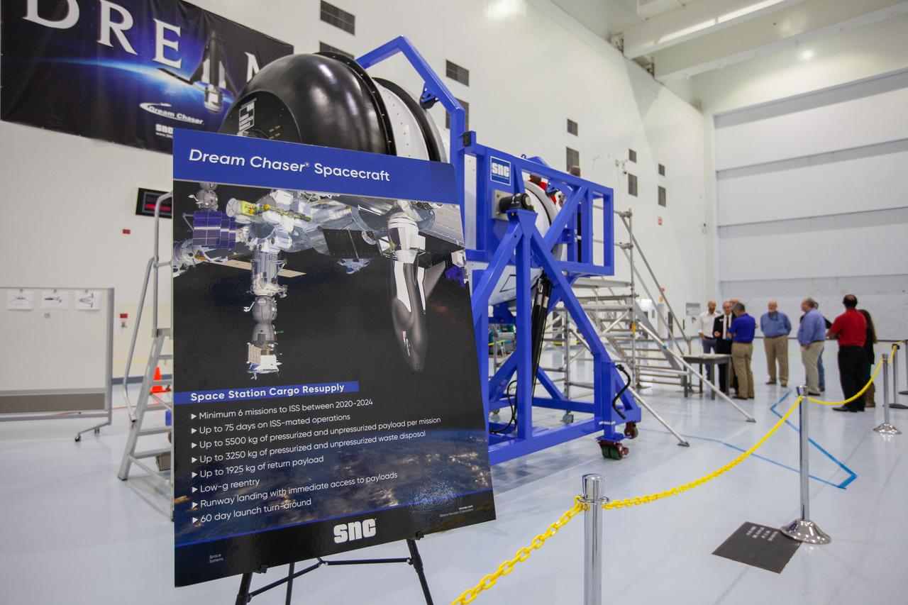 A mockup of the cargo logistics module for Sierra Nevada Corporation’s Dream Chaser, the company’s reusable spaceplane, arrived at the Space Station Processing Facility (SSPF) at NASA’s Kennedy Space Center in Florida in August. On Sept. 20, 2019, senior leadership had the opportunity to view the cargo module in the SSPF high bay. The SSPF is providing support for current and future NASA and commercial provider programs, including Commercial Resupply Services, Artemis 1, sending the first woman and next man to the Moon, and deep space destinations including Mars. 