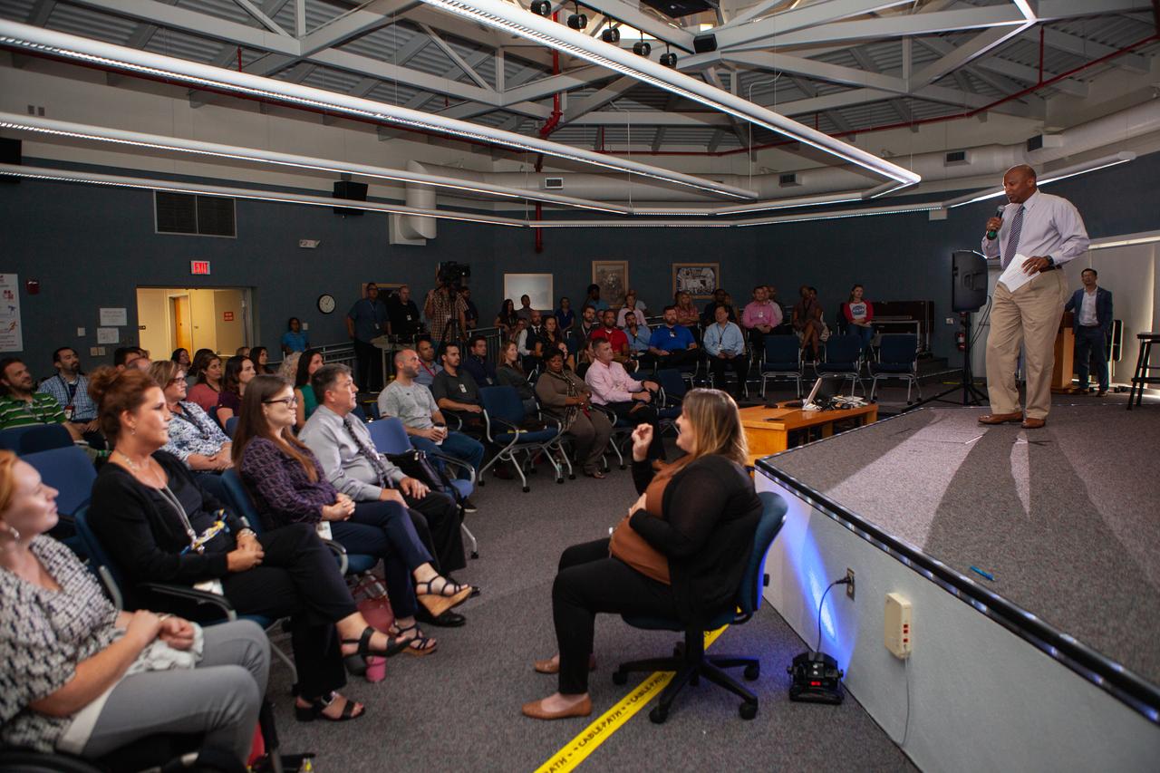 Kennedy Space Center Associate Director, Technical, Kelvin Manning addresses Kennedy employees inside the Florida spaceport’s Kennedy Learning Institute on Sept. 26, 2019, during the first in a series of five TED Talk-style informational sessions. Sponsored by Kennedy’s Launching Leaders and Leadership for the Future, NASAtalks focuses on the topic of intentional careers and aims to provide employees with tools and knowledge that can be utilized for career growth. The theme of this first session was innovation, and speakers included Kennedy employees Phillip Hargrove, Andy Phan and Brittney Mott, with a skill-building section on career planning by Nancy Bray, director of Spaceport Integration and Services. 