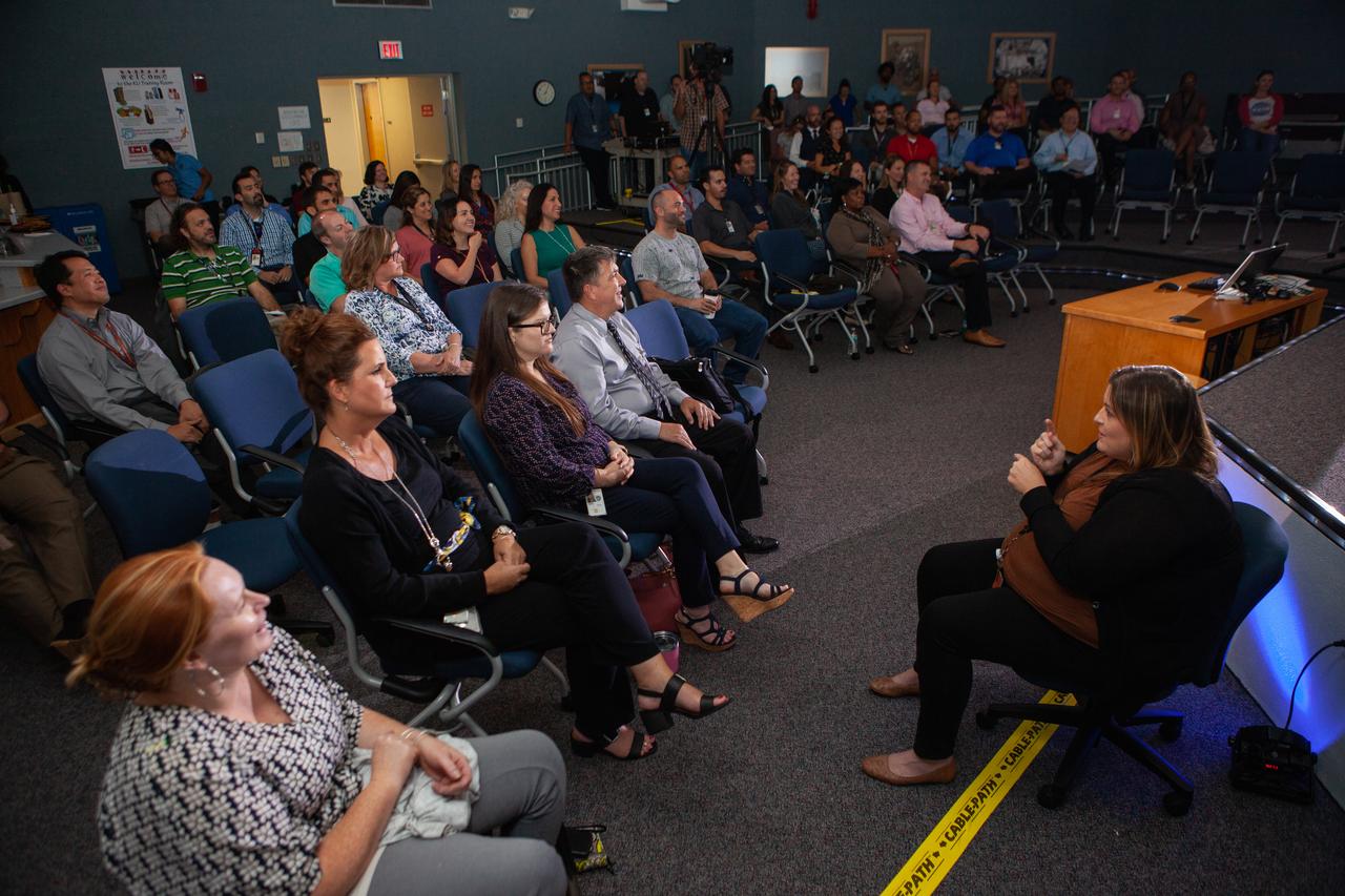 Kennedy Space Center employees attend the first in a series of five TED Talk-style informational sessions on Sept. 26, 2019, inside the Florida spaceport’s Kennedy Learning Institute. Sponsored by Kennedy’s Launching Leaders and Leadership for the Future, NASAtalks focuses on the topic of intentional careers and aims to provide employees with tools and knowledge that can be utilized for career growth. The theme of this first session was innovation, and speakers included Kennedy employees Phillip Hargrove, Andy Phan and Brittney Mott, with a skill-building section on career planning by Nancy Bray, director of Spaceport Integration and Services. 