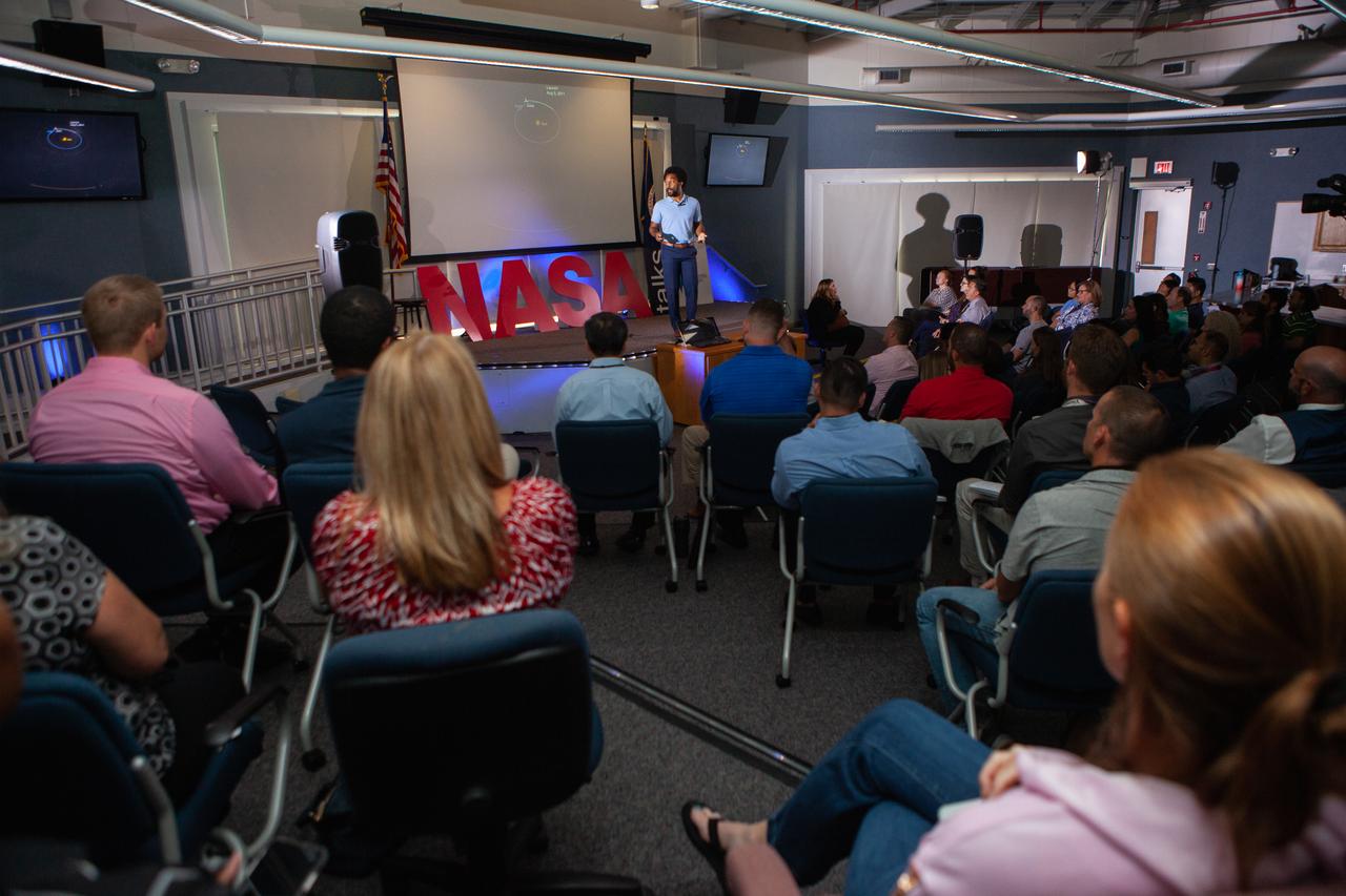 Kennedy Space Center’s Phillip Hargrove addresses co-workers inside the Florida spaceport’s Kennedy Learning Institute on Sept. 26, 2019, during the first in a series of five TED Talk-style informational sessions. Sponsored by Kennedy’s Launching Leaders and Leadership for the Future, NASAtalks focuses on the topic of intentional careers and aims to provide employees with tools and knowledge that can be utilized for career growth. The theme of this first session was innovation, and additional speakers included Kennedy employees Andy Phan and Brittney Mott, with a skill-building section on career planning by Nancy Bray, director of Spaceport Integration and Services. 