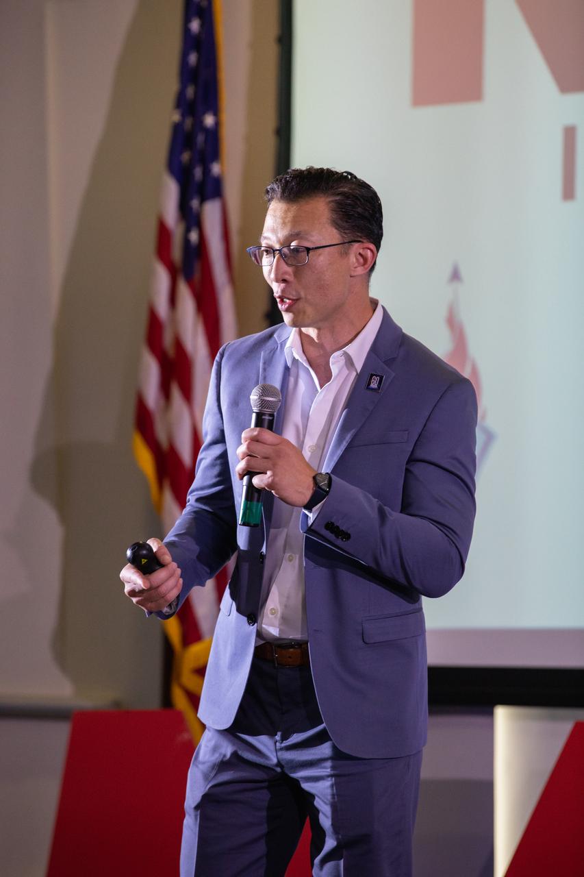 Kennedy Space Center’s Johnny Nguyen introduces event speakers for the first in a series of five TED Talk-style informational sessions on Sept. 26, 2019, inside the Florida spaceport’s Kennedy Learning Institute. Sponsored by Kennedy’s Launching Leaders and Leadership for the Future, NASAtalks focuses on the topic of intentional careers and aims to provide employees with tools and knowledge that can be utilized for career growth. The theme of this first session was innovation, and speakers included Kennedy employees Phillip Hargrove, Andy Phan and Brittney Mott, with a skill-building section on career planning by Nancy Bray, director of Spaceport Integration and Services. 
