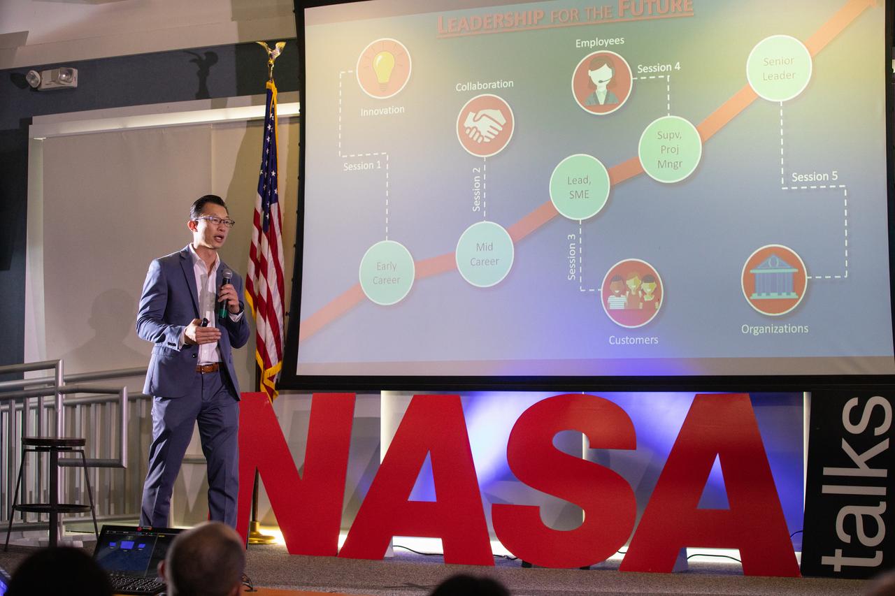 Kennedy Space Center’s Johnny Nguyen addresses co-workers inside the Florida spaceport’s Kennedy Learning Institute on Sept. 26, 2019, during the first in a series of five TED Talk-style informational sessions. Sponsored by Kennedy’s Launching Leaders and Leadership for the Future, NASAtalks focuses on the topic of intentional careers and aims to provide employees with tools and knowledge that can be utilized for career growth. The theme of this first session was innovation, and speakers included Kennedy employees Phillip Hargrove, Andy Phan and Brittney Mott, with a skill-building section on career planning by Nancy Bray, director of Spaceport Integration and Services. 