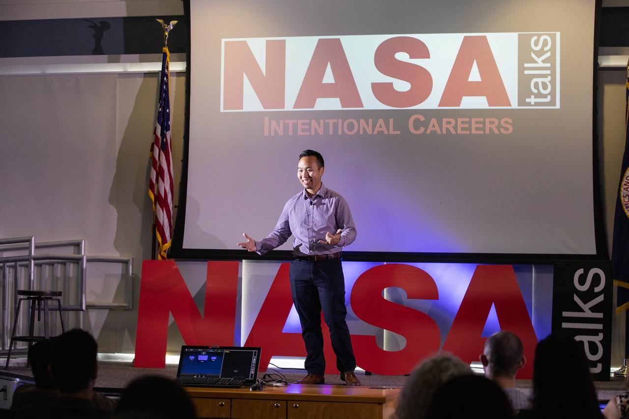 Kennedy Space Center’s Andy Phan addresses co-workers inside the Florida spaceport’s Kennedy Learning Institute on Sept. 26, 2019, during the first in a series of five TED Talk-style informational sessions. Sponsored by Kennedy’s Launching Leaders and Leadership for the Future, NASAtalks focuses on the topic of intentional careers and aims to provide employees with tools and knowledge that can be utilized for career growth. The theme of this first session was innovation, and additional speakers included Kennedy employees Phillip Hargrove and Brittney Mott, with a skill-building section on career planning by Nancy Bray, director of Spaceport Integration and Services.