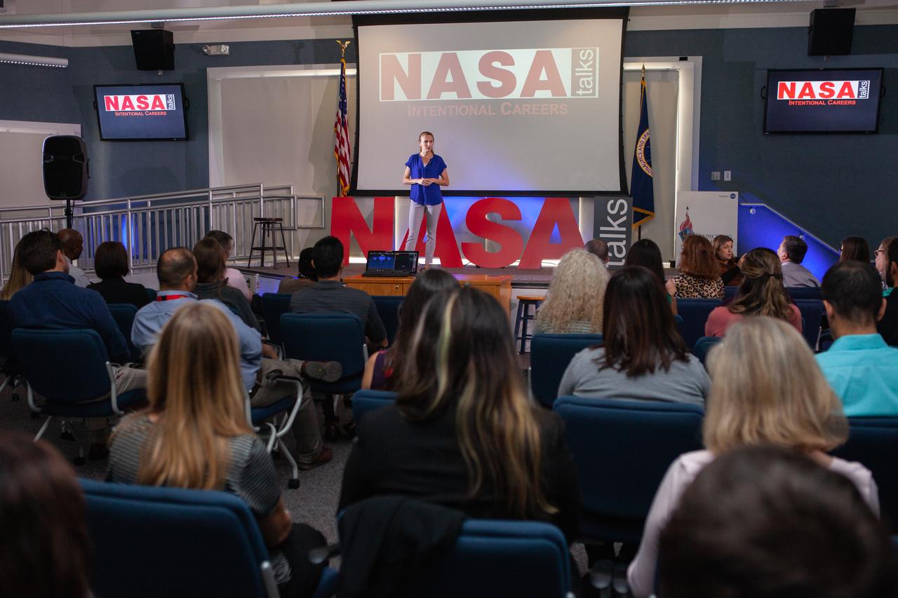 Kennedy Space Center’s Brittany Mott addresses co-workers inside the Florida spaceport’s Kennedy Learning Institute on Sept. 26, 2019, during the first in a series of five TED Talk-style informational sessions. Sponsored by Kennedy’s Launching Leaders and Leadership for the Future, NASAtalks focuses on the topic of intentional careers and aims to provide employees with tools and knowledge that can be utilized for career growth. The theme of this first session was innovation, and additional speakers included Kennedy employees Phillip Hargrove and Andy Phan, with a skill-building section on career planning by Nancy Bray, director of Spaceport Integration and Services. 