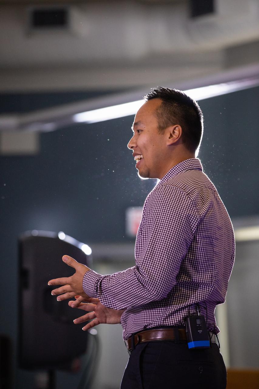 Kennedy Space Center’s Andy Phan speaks at the first in a series of five TED Talk-style informational sessions on Sept. 26, 2019, in the Florida spaceport’s Kennedy Learning Institute. Sponsored by Kennedy’s Launching Leaders and Leadership for the Future, NASAtalks focuses on the topic of intentional careers and aims to provide employees with tools and knowledge that can be utilized for career growth. The theme of this first session was innovation, and additional speakers included Kennedy employees Phillip Hargrove and Brittney Mott, with a skill-building section on career planning by Nancy Bray, director of Spaceport Integration and Services.