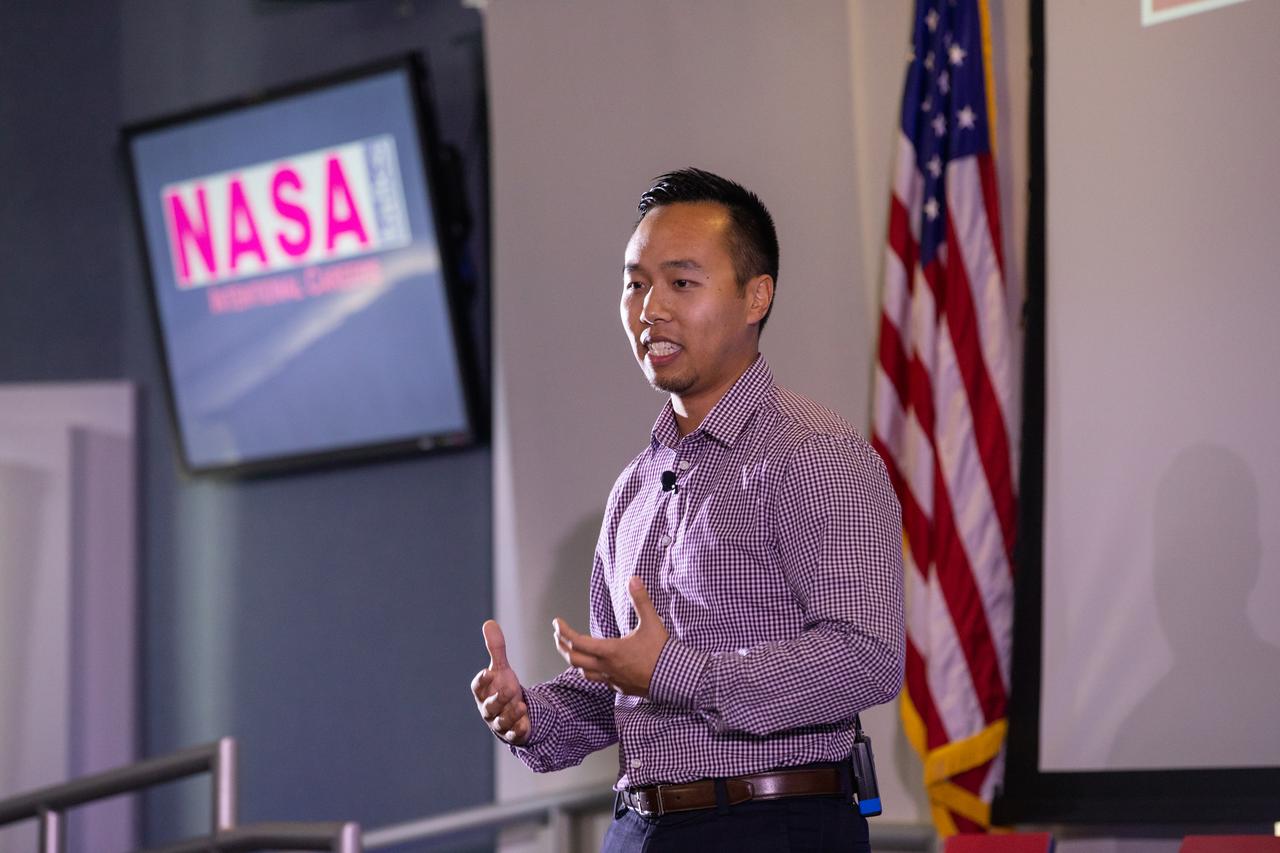 Kennedy Space Center’s Andy Phan speaks at the first in a series of five TED Talk-style informational sessions on Sept. 26, 2019, in the Florida spaceport’s Kennedy Learning Institute. Sponsored by Kennedy’s Launching Leaders and Leadership for the Future, NASAtalks focuses on the topic of intentional careers and aims to provide employees with tools and knowledge that can be utilized for career growth. The theme of this first session was innovation, and additional speakers included Kennedy employees Phillip Hargrove and Brittney Mott, with a skill-building section on career planning by Nancy Bray, director of Spaceport Integration and Services.