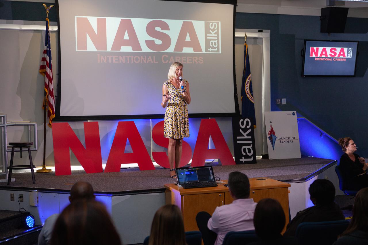 Nancy Bray, director of Spaceport Integration and Services at NASA’s Kennedy Space Center in Florida, speaks to Kennedy employees on Sept. 26, 2019, in the Kennedy Learning Institute during the first in a series of five TED Talk-style informational sessions. Sponsored by Kennedy’s Launching Leaders and Leadership for the Future, NASAtalks focuses on the topic of intentional careers and aims to provide employees with tools and knowledge that can be utilized for career growth. The theme of this first session was innovation, and additional speakers included Kennedy employees Phillip Hargrove, Andy Phan and Brittany Mott. 