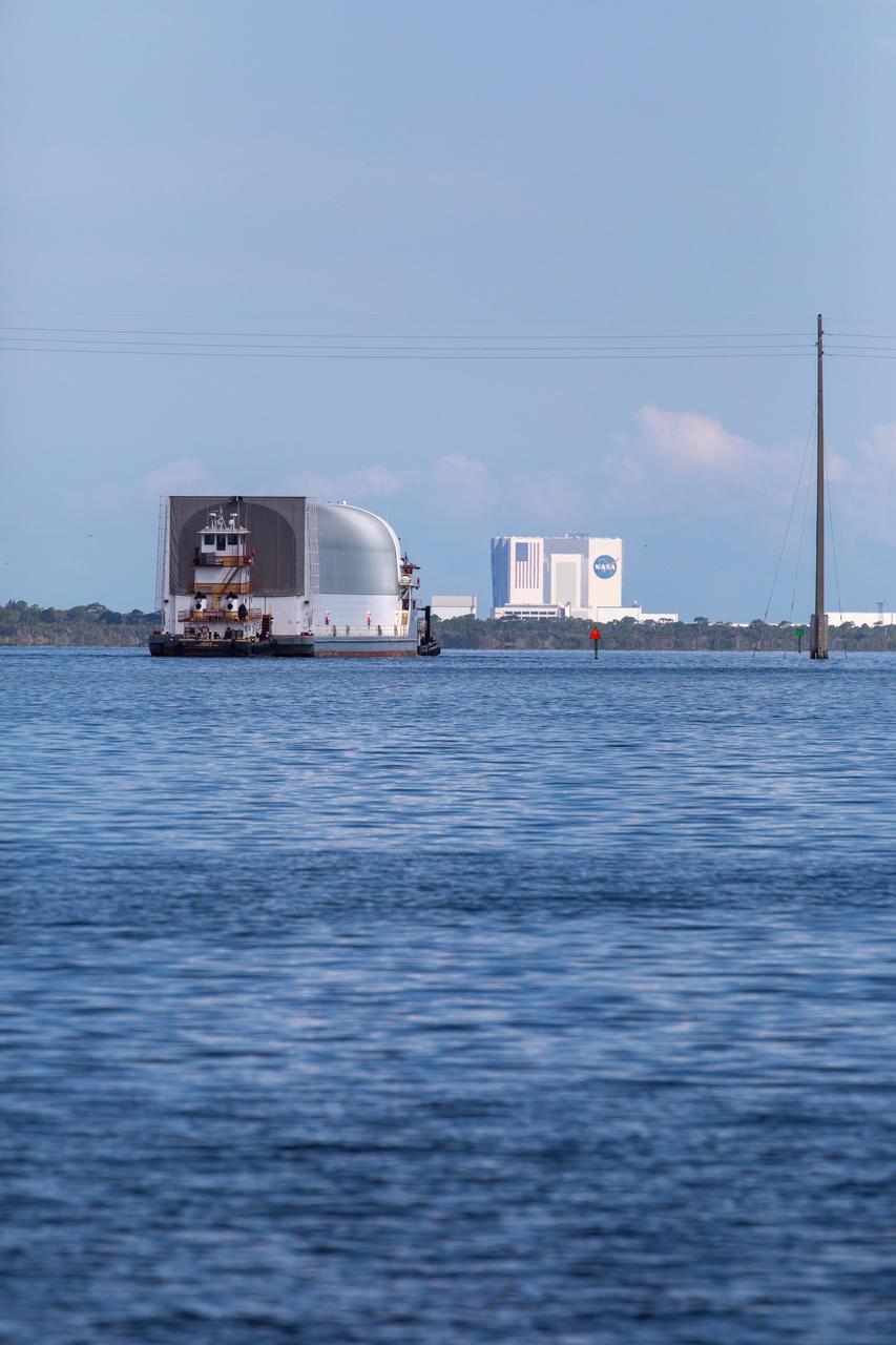 NASA's Pegasus Barge makes its way along the intercoastal waterway to its destination at the Kennedy Space Center Launch Complex 39 turn basin wharf, to make its first delivery to Kennedy in support of the agency's Artemis missions. The upgraded 310-foot-long barge arrived Sept. 27, 2019, ferrying the 212-foot-long Space Launch System rocket core stage pathfinder. The pathfinder is a full-scale mock-up of the rocket's core stage. The pathfinder will be used by the Exploration Ground Systems Program and their contractor, Jacobs, to practice offloading, moving and stacking maneuvers, using important ground support equipment to train employees and certify all the equipment works properly. The pathfinder will stay at Kennedy for approximately one month before trekking back to NASA's Michoud Assembly Facility in Louisiana.