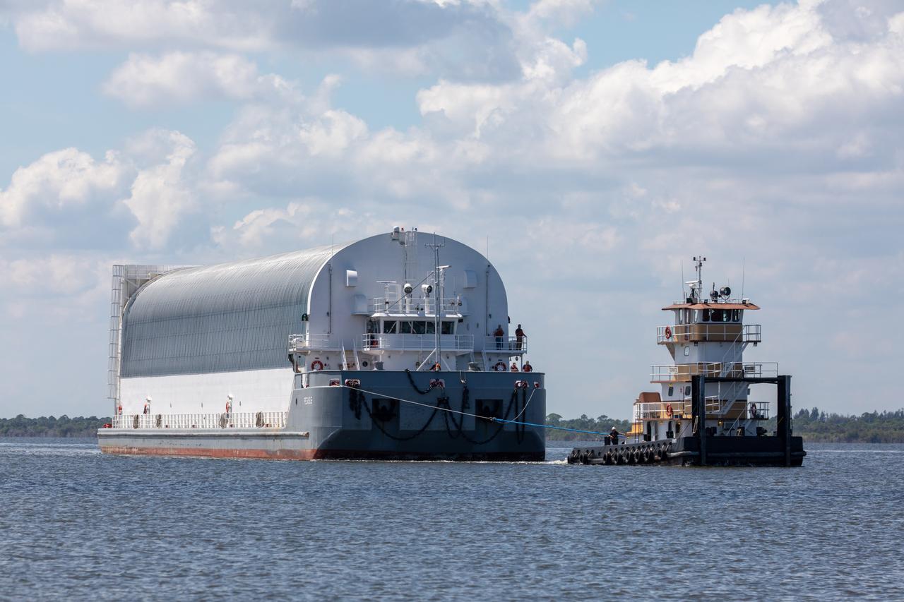 NASA's Pegasus Barge makes its way along the intercoastal waterway to its destination at the Kennedy Space Center Launch Complex 39 turn basin wharf, to make its first delivery to Kennedy in support of the agency's Artemis missions. The upgraded 310-foot-long barge arrived Sept. 27, 2019, ferrying the 212-foot-long Space Launch System rocket core stage pathfinder. The pathfinder is a full-scale mock-up of the rocket's core stage. The pathfinder will be used by the Exploration Ground Systems Program and their contractor, Jacobs, to practice offloading, moving and stacking maneuvers, using important ground support equipment to train employees and certify all the equipment works properly. The pathfinder will stay at Kennedy for approximately one month before trekking back to NASA's Michoud Assembly Facility in Louisiana.