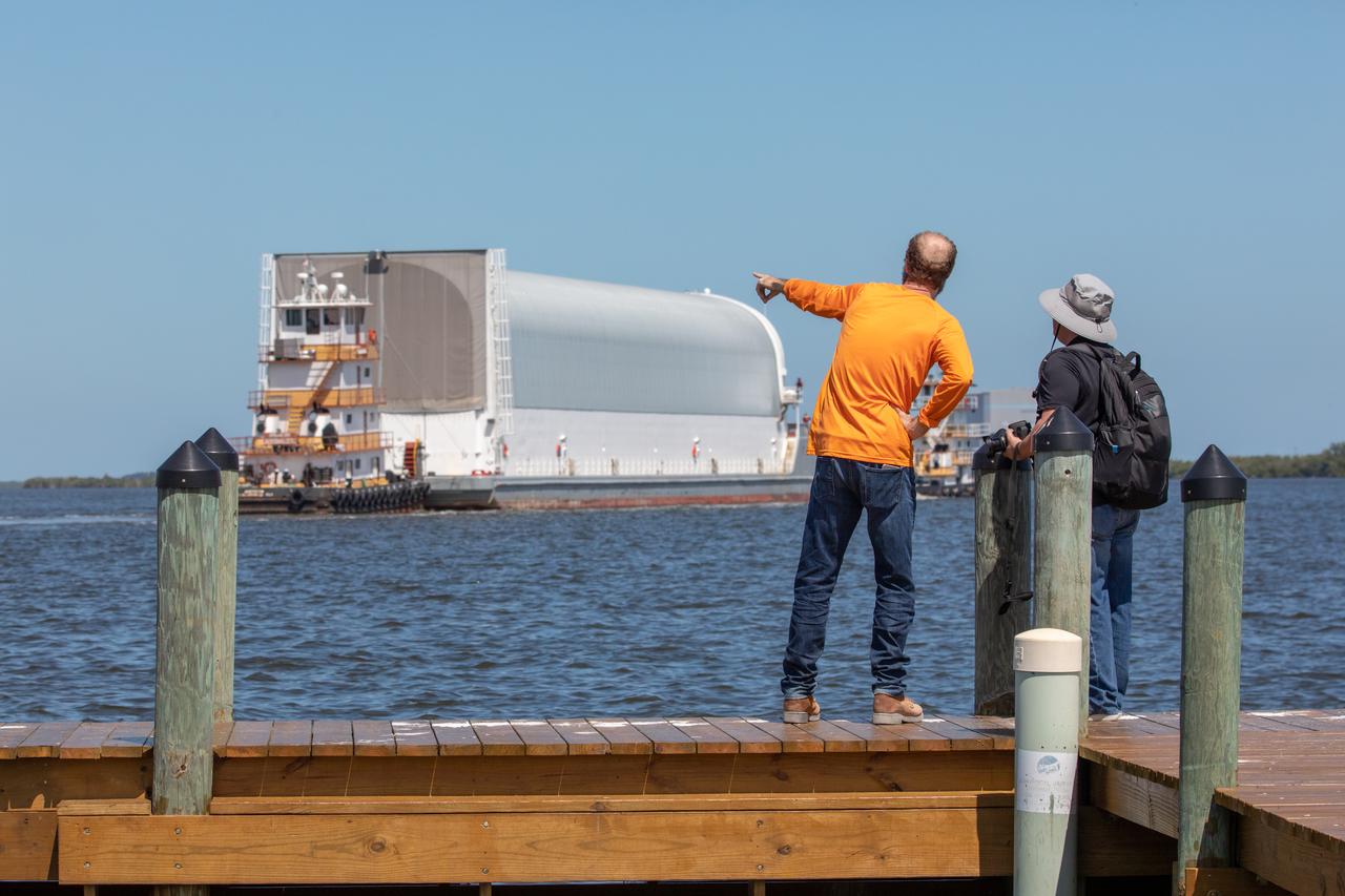 NASA's Pegasus Barge makes its way along the intercoastal waterway to its destination at the Kennedy Space Center Launch Complex 39 turn basin wharf, to make its first delivery to Kennedy in support of the agency's Artemis missions. The upgraded 310-foot-long barge arrived Sept. 27, 2019, ferrying the 212-foot-long Space Launch System rocket core stage pathfinder. The pathfinder is a full-scale mock-up of the rocket's core stage. The pathfinder will be used by the Exploration Ground Systems Program and their contractor, Jacobs, to practice offloading, moving and stacking maneuvers, using important ground support equipment to train employees and certify all the equipment works properly. The pathfinder will stay at Kennedy for approximately one month before trekking back to NASA's Michoud Assembly Facility in Louisiana.