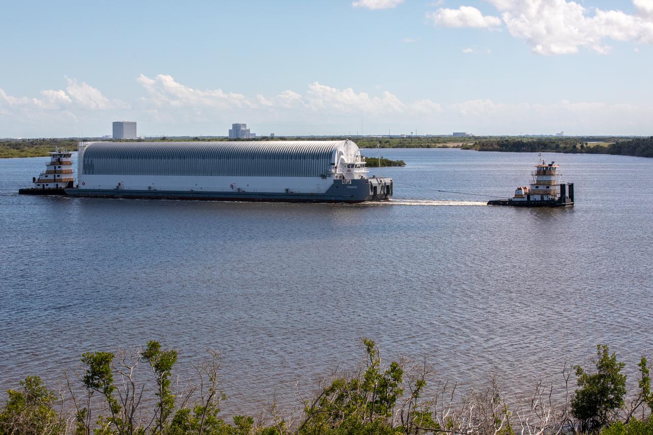 NASA's Pegasus Barge, which has a storied history of supporting the Space Shuttle Program, arrived at the Kennedy Space Center Launch Complex 39B turn basin wharf, carrying its first load in support of the agency's Artemis missions. The upgraded 310-foot-long barge arrived Friday, Sept. 27, ferrying the 212-foot-long Space Launch System (SLS) core stage pathfinder. Weighing in at 228,000 pounds, the pathfinder is a full-scale mockup of the rocket's core stage. The pathfinder will be utilized by the Exploration Ground Systems Program and their contractor, Jacobs, to practice offloading, moving and stacking maneuvers, utilizing important ground support equipment to train employees and certify all the equipment works properly. The pathfinder will stay at Kennedy for approximately one month before trekking back to NASA's Michoud Assembly Facility in Louisiana.