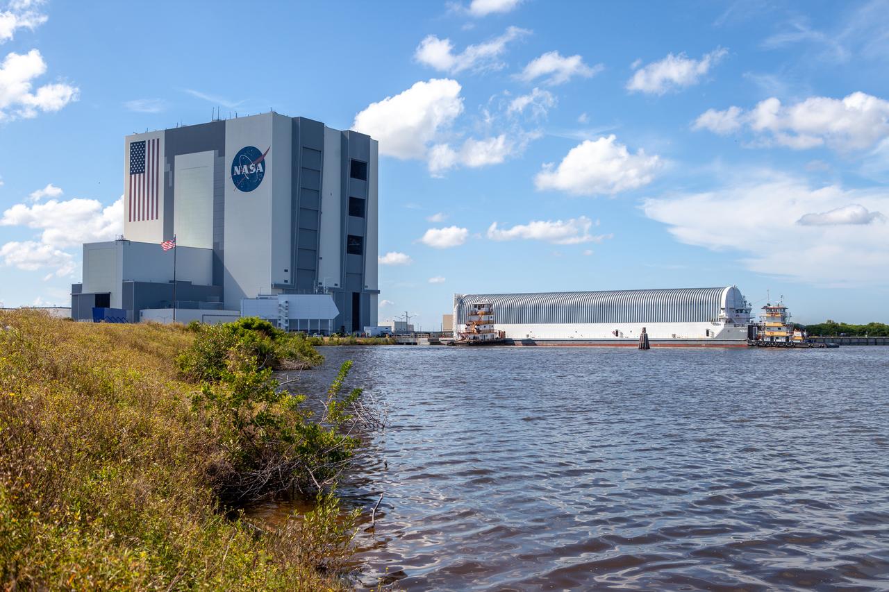 NASA's Pegasus Barge, which has a storied history of supporting the Space Shuttle Program, arrived at the Kennedy Space Center Launch Complex 39B turn basin wharf, carrying its first load in support of the agency's Artemis missions. The upgraded 310-foot-long barge arrived Friday, Sept. 27, ferrying the 212-foot-long Space Launch System (SLS) core stage pathfinder. Weighing in at 228,000 pounds, the pathfinder is a full-scale mockup of the rocket's core stage. The pathfinder will be utilized by the Exploration Ground Systems Program and their contractor, Jacobs, to practice offloading, moving and stacking maneuvers, utilizing important ground support equipment to train employees and certify all the equipment works properly. The pathfinder will stay at Kennedy for approximately one month before trekking back to NASA's Michoud Assembly Facility in Louisiana.